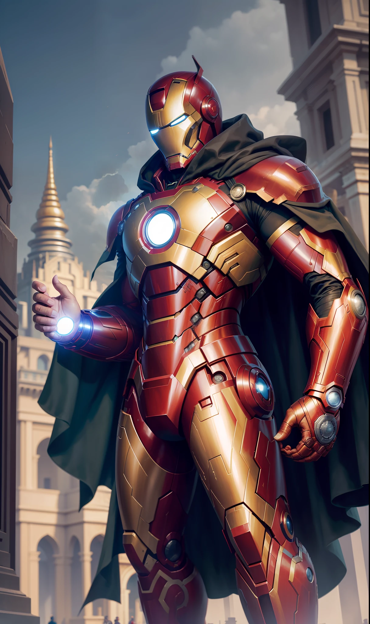 (Marvel, Dr. Doom, Iron Man) are standing in front of a grand palace in full armor with masks, (handshake:1.2) as a show of respect and trust. The (sky:0.91) is dark and foreboding, with a sense of danger in the air.