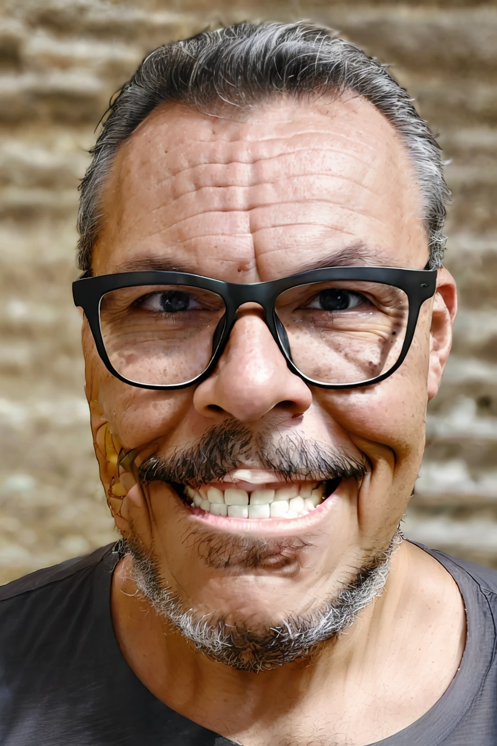 full frame, portrait, rustic, male model, brunette man, ((glasses)), ((black t-shirt)), tanned and wrinkled skin, gray hair, full gray beard, dark brown eyes, (skin texture), skin pores, shallow depth of field, sharp eye focus, backlit