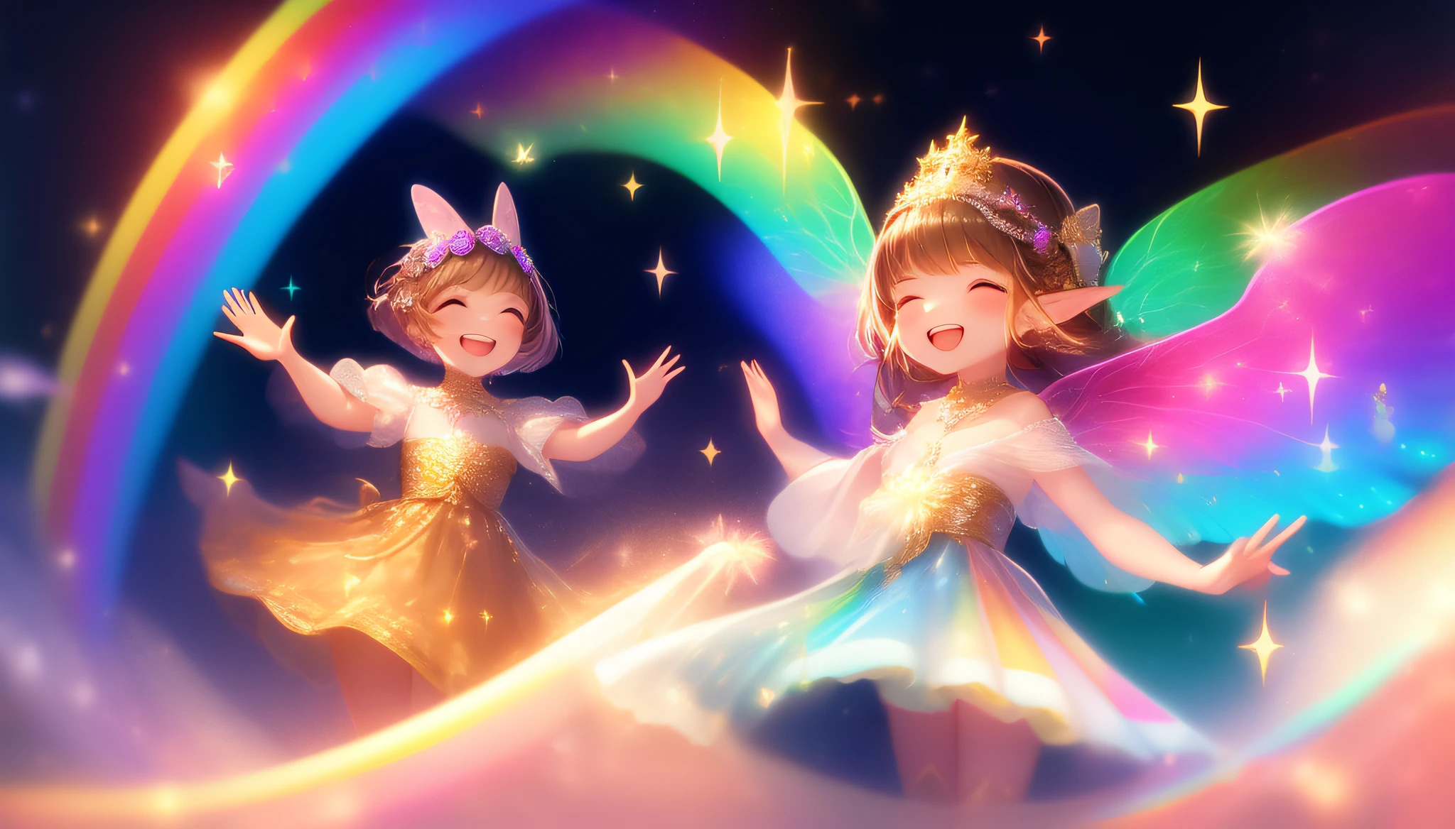 fairies, beautiful smiles, magic, mysterious worldviews, spirituality, rainbows, tenderness, glittering lights, sparkles, fantasy,