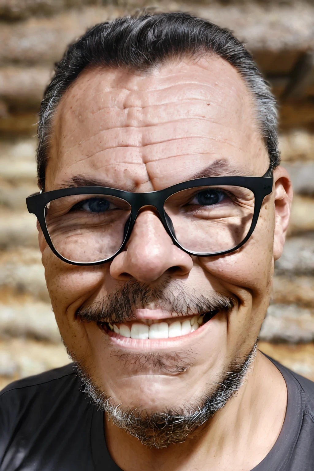 full frame, close portrait, rustic, male model, brunette man, ((glasses)), ((black t-shirt)), tanned and wrinkled skin, gray hair, full gray beard, dark brown eyes, (skin texture), skin pores, shallow depth of field, sharp eye focus, backlit