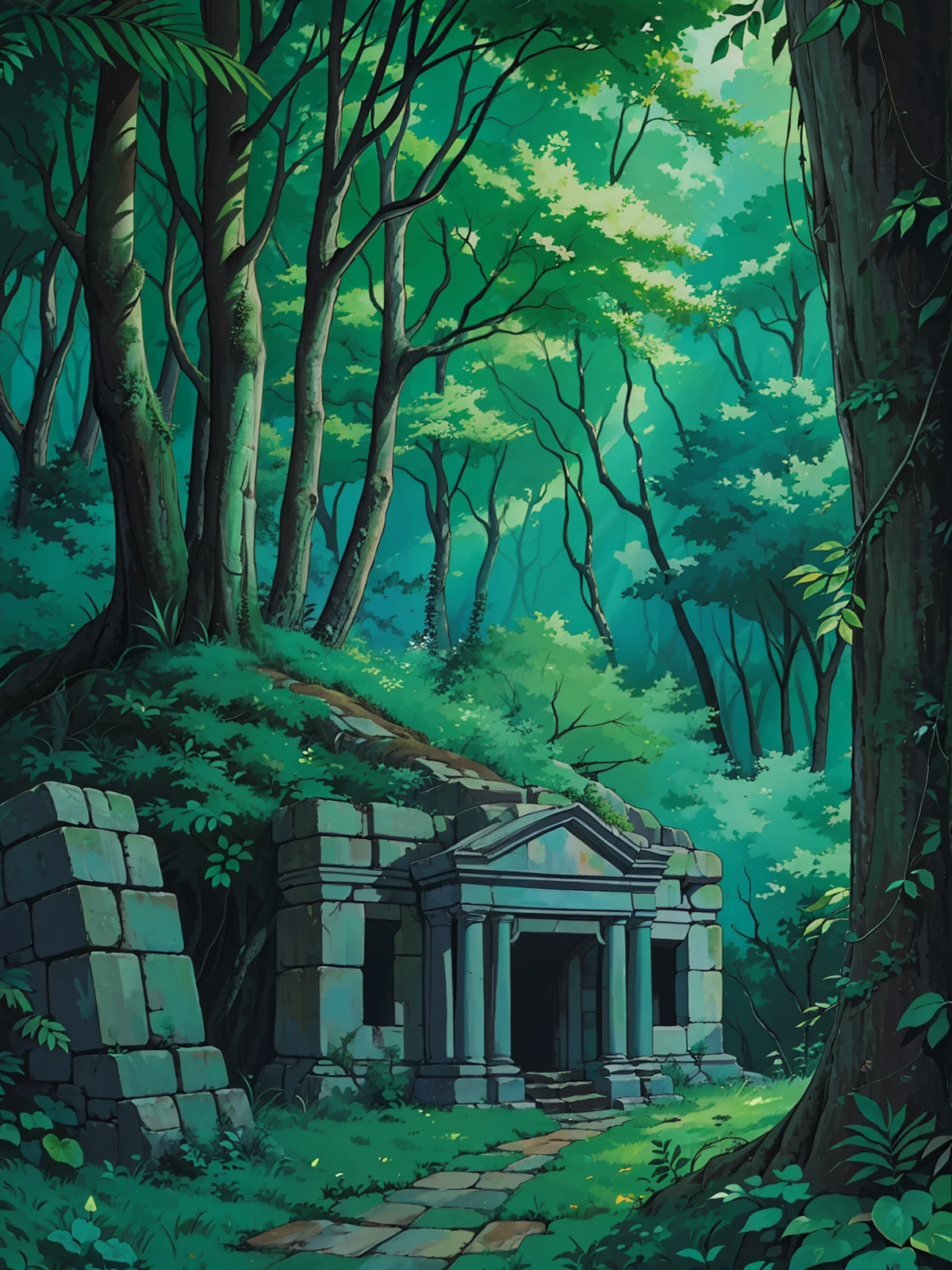 (ancient ruins, covered by time and vegetation) (on a forest trail) (with large trees) (secret passage) (best quality) (masterpiece) (perfect portrait)