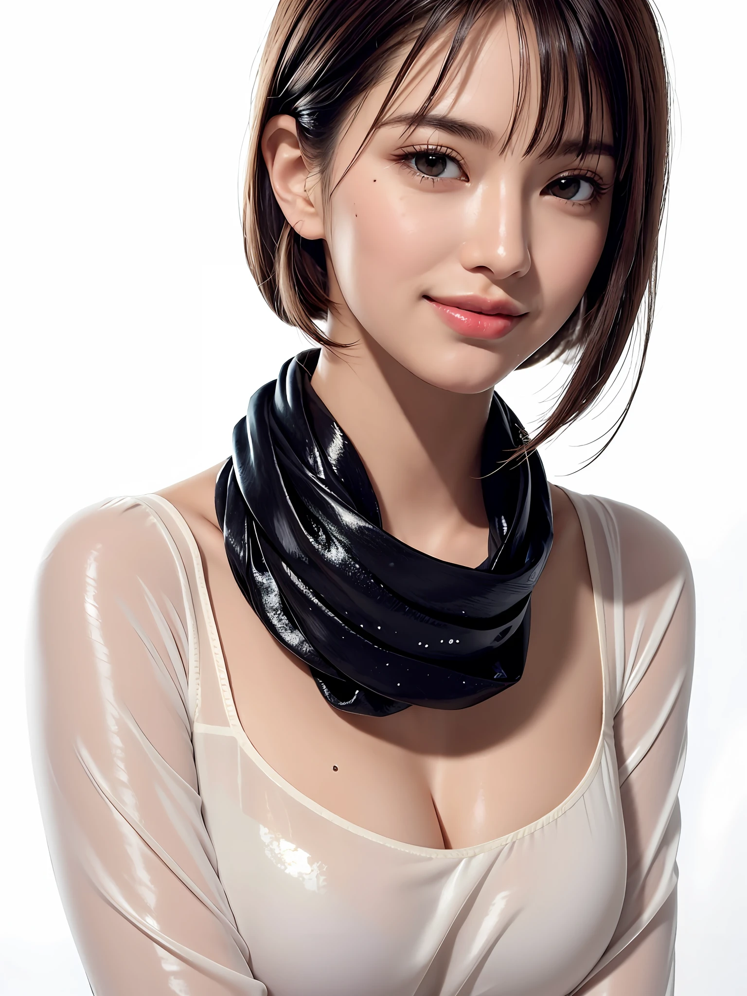 (Close-up: 1.4),
(RAW Photos: 1.2), (Photorealistic: 1.4), (Masterpiece: 1.3), (Best Quality: 1.4), Dreamy, (Detailed Eyes), (Detailed Facial Features), (Detailed Clothing Features), Skin Tightening, (Shiny Skin), (Slender Girl), (Slim Girl), 1 Girl, (Full Body)), Solo, Cute, Smry, (Middle Breast), Bangs, Straight Hair, Long hair, black hair, black eyes, crystal pendant, long blue scarf, white long wool coat, black thick pantyhose, brown snow boots, (best quality, 8k, 32k, masterpiece, UHD: 1.2), cute Japan woman photo, 1 girl, (big), (tall woman), (abs), (lips), closed mouth, (medium short), double eyelids, Wet skin, only one very beautiful woman, very sexy body, gaze looking directly at the camera, golden ratio face, golden ratio body, perfect body, perfect face, perfect breasts, big breasts looking directly at the camera, non-permanent sexy expression, holding breasts between arms to make cleavage, breasts closer, coquettish smile, very happy smile, skin gloss, big eyes, highlights in the pupils, Lip gloss, distinct double eyelids, eyelashes, long neck, beautiful short hair, glossy dark black hair, bangs, thick bangs, shiny skin, mole, teary mole, clean bangs, clean collarbone, clean ass bone, pure white background, blank background, crystal clear white business shirt, clothes that seem to be visible and invisible, overwhelming charm, attractive natural light, 19 years old