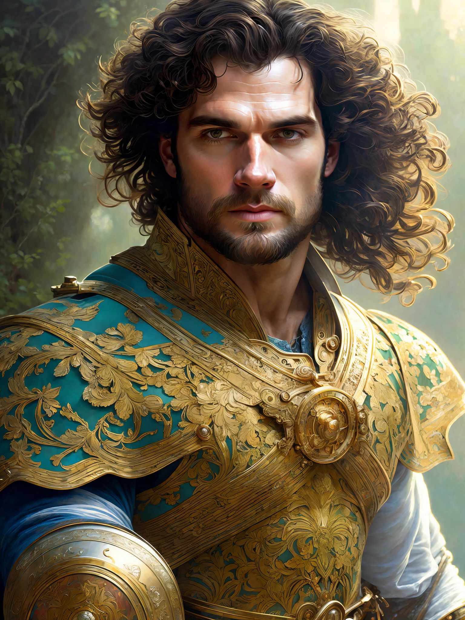 painted portrait of henry cavill, male, mature, handsome, upper body, muscular, fantasy, intricate, elegant, highly detailed, digital painting, art station, concept art, soft, sharp focus, illustration, art by Gaston Bussiere and Alphonse Mucha