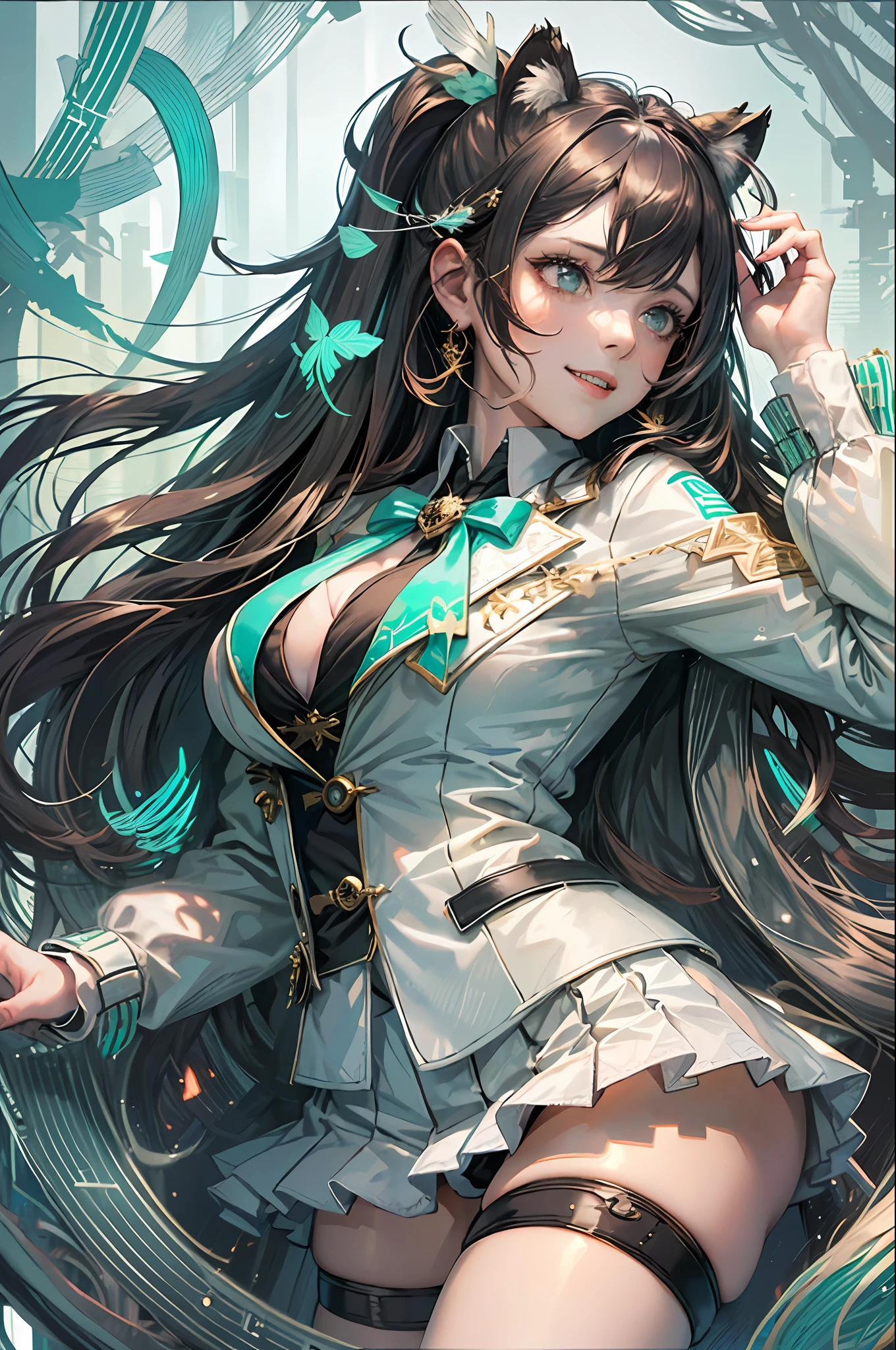 1girl, ((adult)). long glossy hair, dark brown hair, ponytail, white short skirt, milky skin, white leggings with black vines, unbuttoned tailcoat, ((black-vine design on tailcoat/suit)), white tiger lily hair-tie, shorts beneath skirt, wet white shirt, (mint green cloak), confident pose, flirty pose, huge grin, cleavage, flat chest, beautiful forest background, perky, super upbeat, very short skirt, flashing mint panties, skirt raised --auto --s2