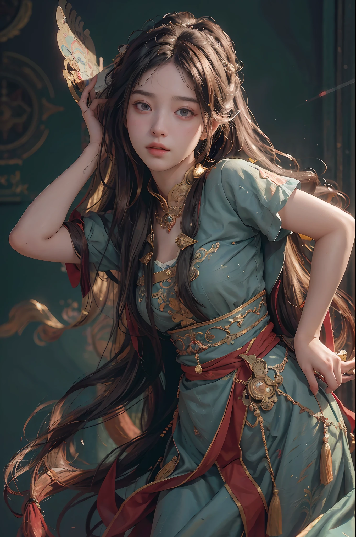 (RAW photo, best quality), (realistic, photo-realistic:1.3),best quality,highly detailed,masterpiece,ultra-detailed,illustration,1girl,upper_body,dynamic angle,world masterpiece theater,messy_long_hair,best quality,extremely detailed CG unity 8k wallpaper,ink,Amazing,cinematic lighting,lens_flare, dunhuang_style