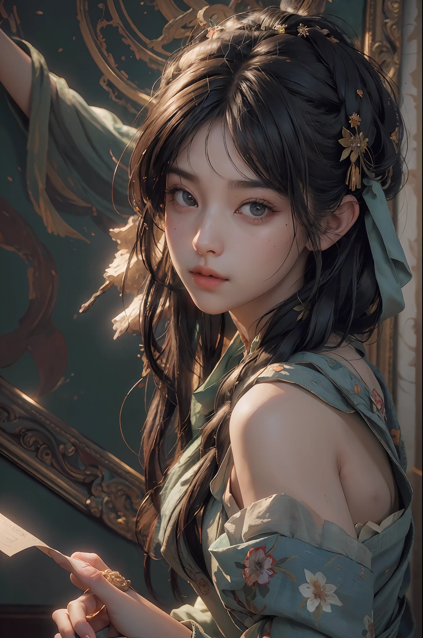 (RAW photo, best quality), (realistic, photo-realistic:1.3),best quality,highly detailed,masterpiece,ultra-detailed,illustration,1girl,upper_body,dynamic angle,world masterpiece theater,messy_long_hair,best quality,extremely detailed CG unity 8k wallpaper,ink,Amazing,cinematic lighting,lens_flare, dunhuang_style