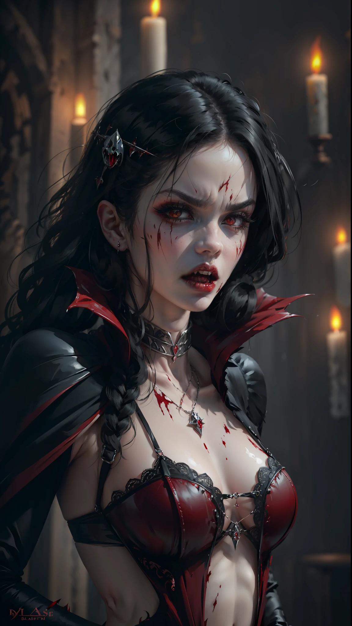 ((Best quality)), ((masterpiece)), (highly detailed:1.3),a vampire woman, goth open-mouthed trapped, angry blood-stained body