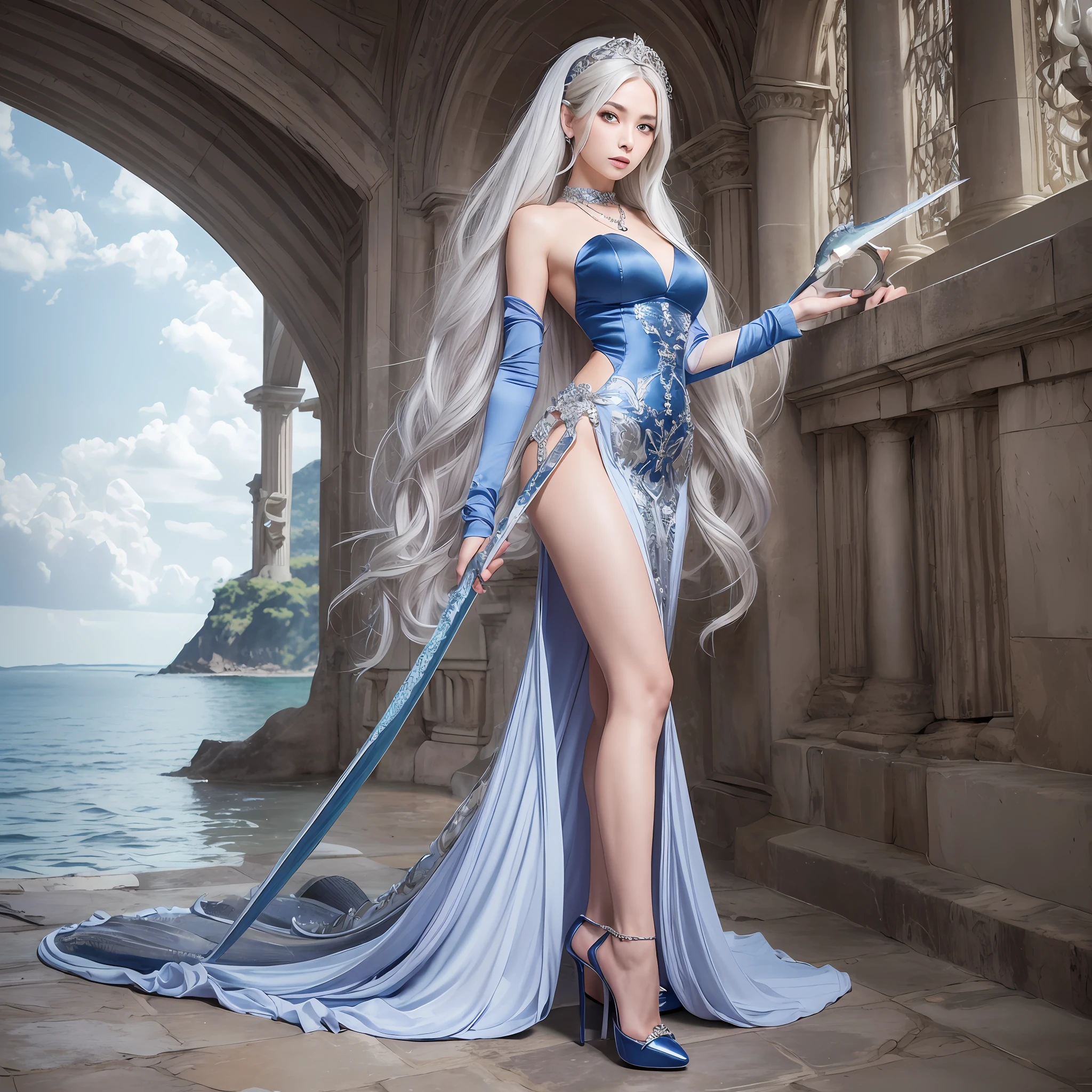 Masterpiece, 30 years age, female, long Silver hair, wearing mermaid headband, pearl necklace, Slanted eyes, blue navy long sexy dress, high heels, standing at Small island, Holding a dragon water sword, serious expression, with a sharp gaze, beautiful face, Full body, zoom out