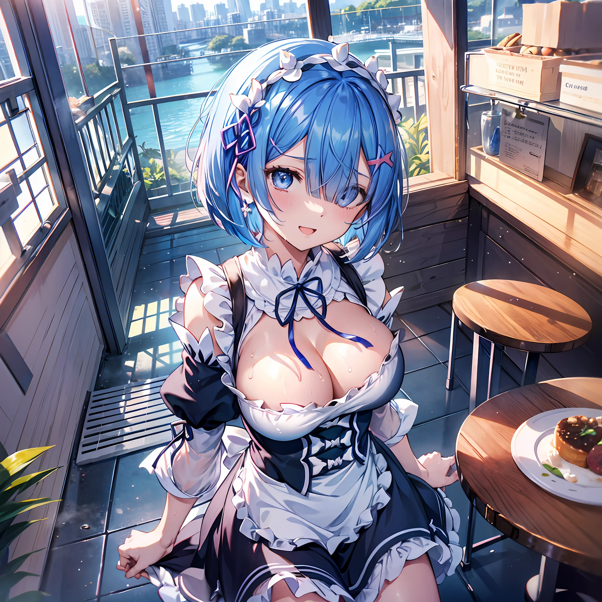 absurdres, highres,
BREAK
looking at viewer, cowboy shot, (from above:1.5)
BREAK
(vivid-color:1.3)
BREAK
(one girl:1.3), (loli:1.2), rem_(re:zero), (re:zero kara hajimeru isekai seikatsu:1.5), blue hair, blue eyes, (hair over one eye:1.8), (upturned eyes, smile:1.2), hairclip, earrings, jewelry, nm1, ribon, (short hair:1.5), (bob cut:1.5),(white apron, white apron:1.5),　(White fluid on the body:1.4), (thighs:1.3),  (huge breasts, cleavage:1.3), (breasts focus, milk drip on breasts:1.3), (put a stick between one's breasts:1.3), (smile face:1.3), open mouth, (breast:1.3), round eyes, (cum in breasts:1.2), (blowing in the wind:0.5), (sweat around girl, dripping sweat:1.3), squall (wind:1.2), sense of speed, refreshing breeze, motion blur effect, wind
BREAK
background is (in cafe:1.3), (Stand in the center of the screen:1.3), indoors, wind
BREAK
sunlight, magnificent view, light particles, dynamic angle, dutch angle, perspective
BREAK
(daytime, sunbeam:1.2), depth of field, bokeh, light leaks, (chromatic aberration:1.2), noon
BREAK