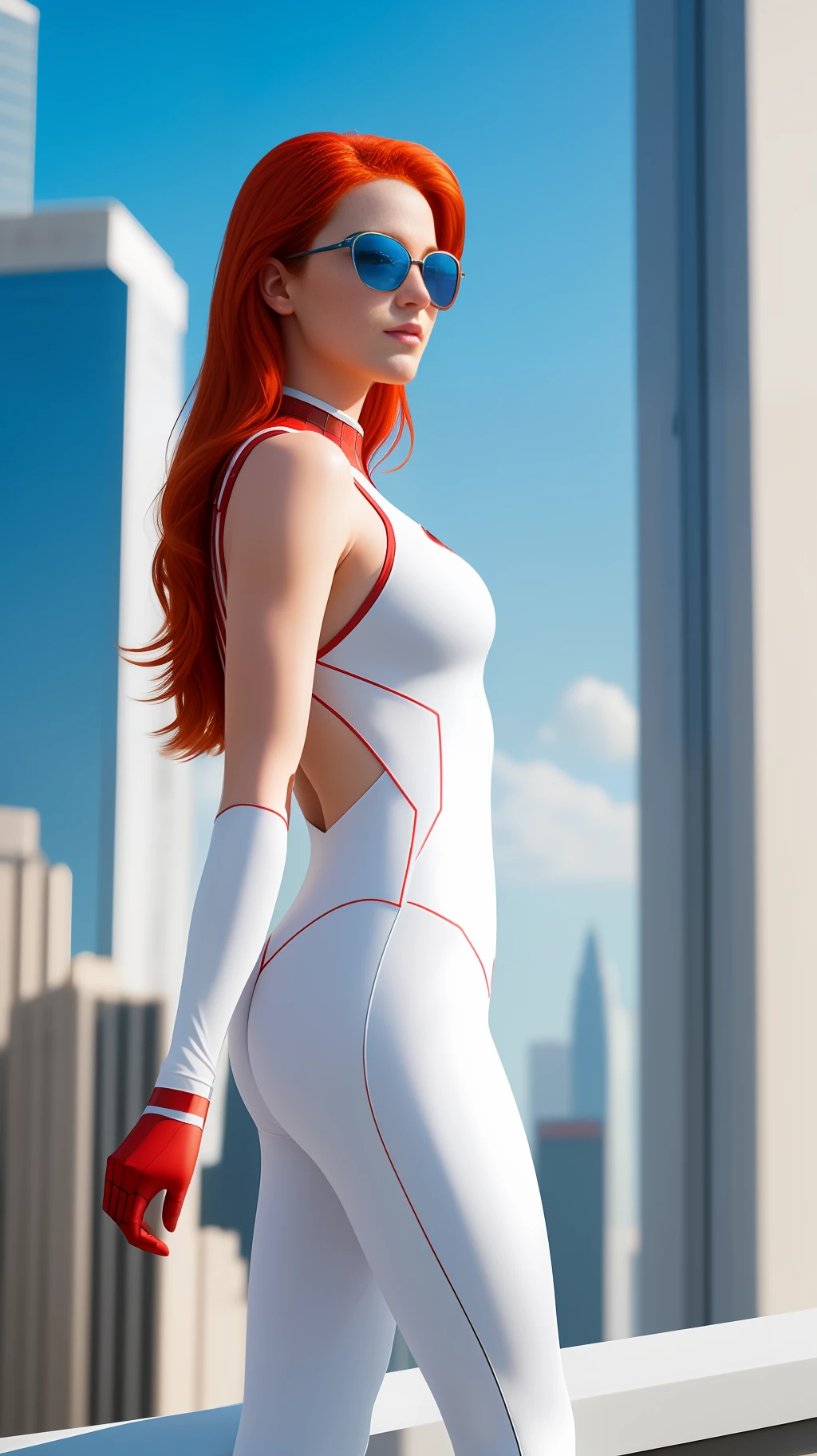 Masterpiece, 4K, HQ, Realistic,  charachter, hyper-intrincate, a incredible redhead girl in the skycraper, Spiderman suit, she is the spiderman, superhero movie, clean skin, white skin, longer hair, relaxed, 25 years old, sunglasses, full-body frame, complete body shot, complete image subject, cinematic, natural ilumination, powerful, impressive, lovely,