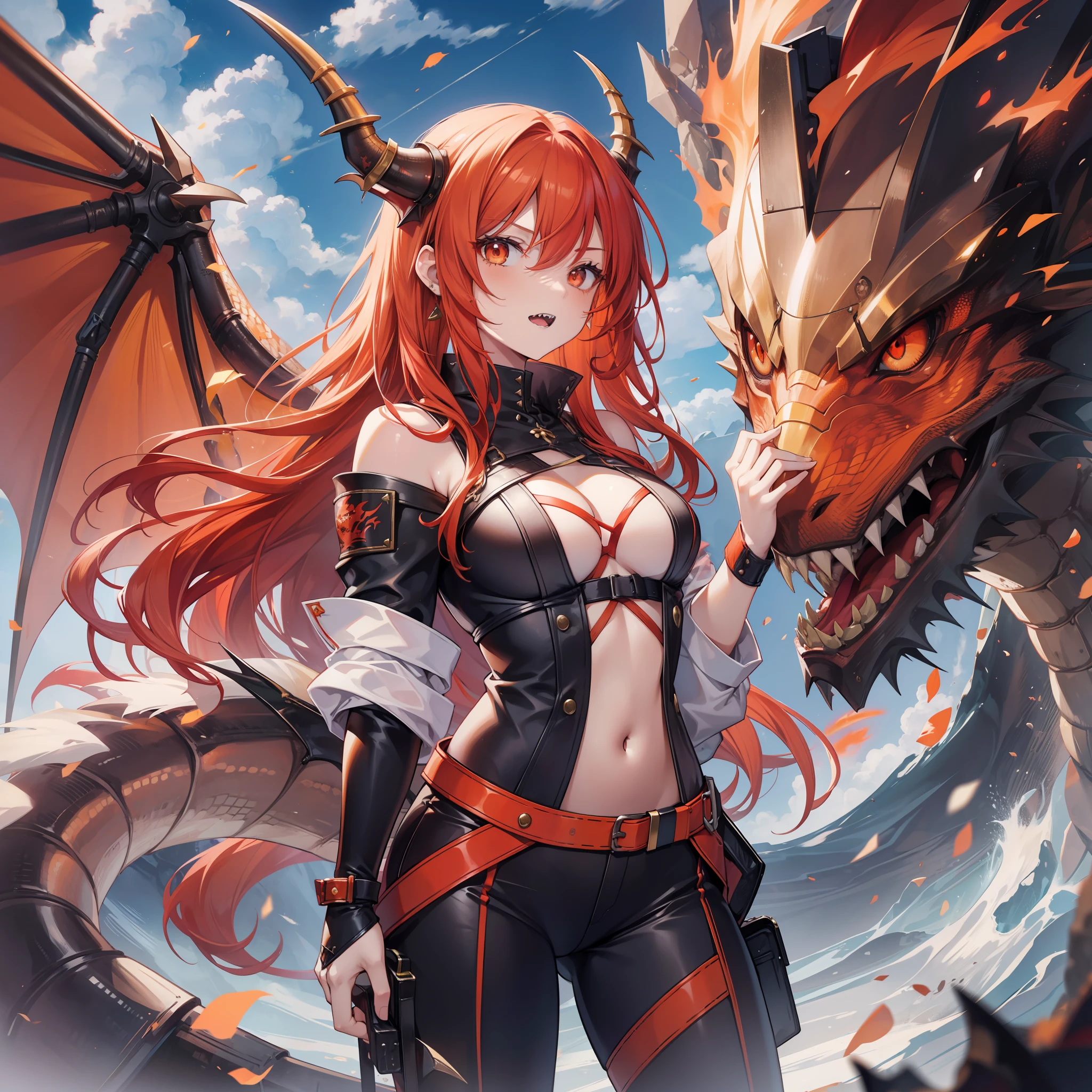 Young woman between 20 years old, long red hair orange eyes, sharp teeth, simple clothing, dragon ear, dragon horn, big chest, dragon eyes, dragon skin