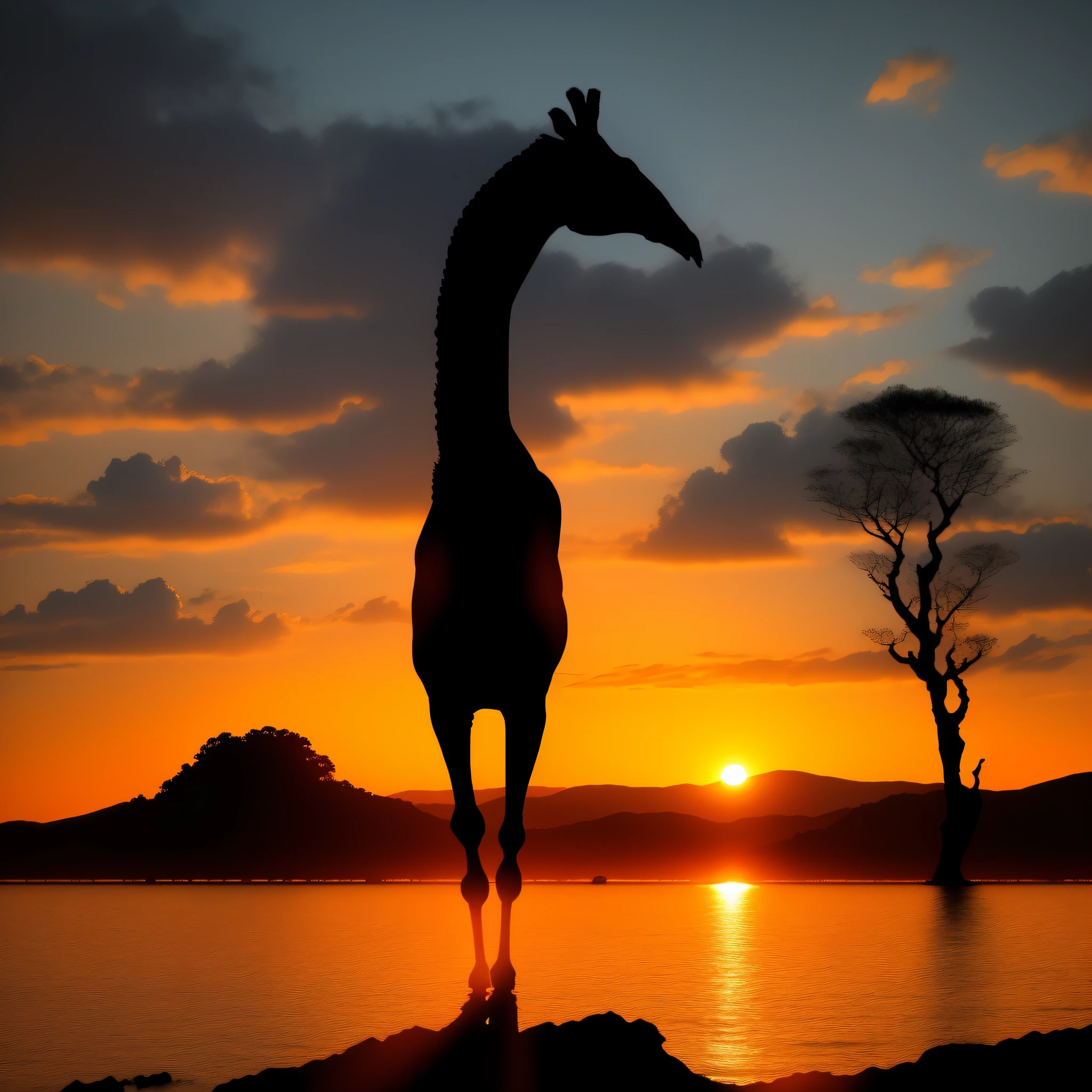 Craft a captivating scene featuring a majestic giraffe silhouetted against a vibrant sunset