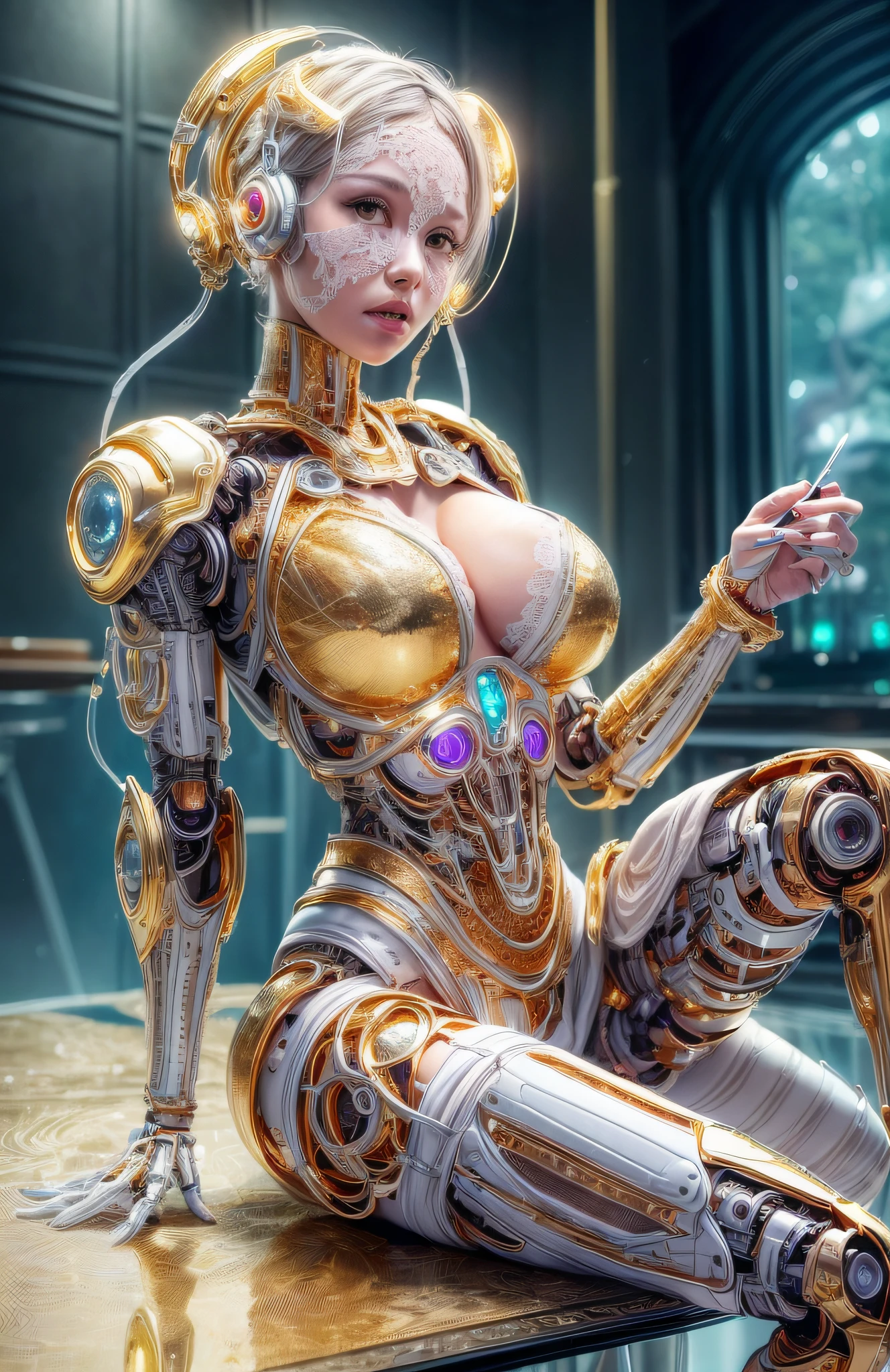 photorealistic, a woman in a white (lace, gold cyborg suit:1.55) (sitting on top of a table:1.4) (turned towards the viewer:1.2), (open legs:1.4), dark gold long hair, cyborg, robotic parts, beautiful detailed body and face, (looking left side:1.3), (gigantic cleavage breasts:1.2), (gigantic breasts:1.2), sakimichan hdri, amouranth, a beautiful detailed orixa, 2049, chiaki nanami, afro futuristic, made in maya, sam yang, 2070, cyborg, robotic parts, 150 mm, beautiful studio soft light, rim light, vibrant details, luxurious cyberpunk, lace, hyperrealistic, anatomical, facial muscles, cable electric wires, microchip, elegant, beautiful background, octane render, 8k, best quality, masterpiece, illustration, an extremely delicate and beautiful, extremely detailed ,CG ,unity ,wallpaper, (realistic, photo-realistic:1.37), Amazing, finely detail, masterpiece, best quality, official art, extremely detailed CG unity 8k wallpaper, absurdres, incredibly absurdres, robot, Violet halmet, full body, sitting, (sfw:1.5),
