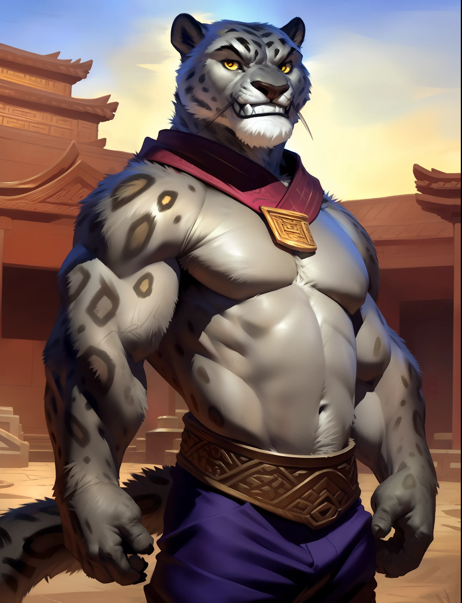 (by taran fiddler), (by darkgem:0.8), (by chunie:1), masterpiece,
grey fur,, navel, portrait, seductive, looking at viewer, smile, grin, teeth, (tailung:1.2), snow leopard, (gold eyes), detailed eyes, male, solo, anthro, standing,
(detailed temple background), Chinese temple, afternoon,  Purple pants, brown sash,