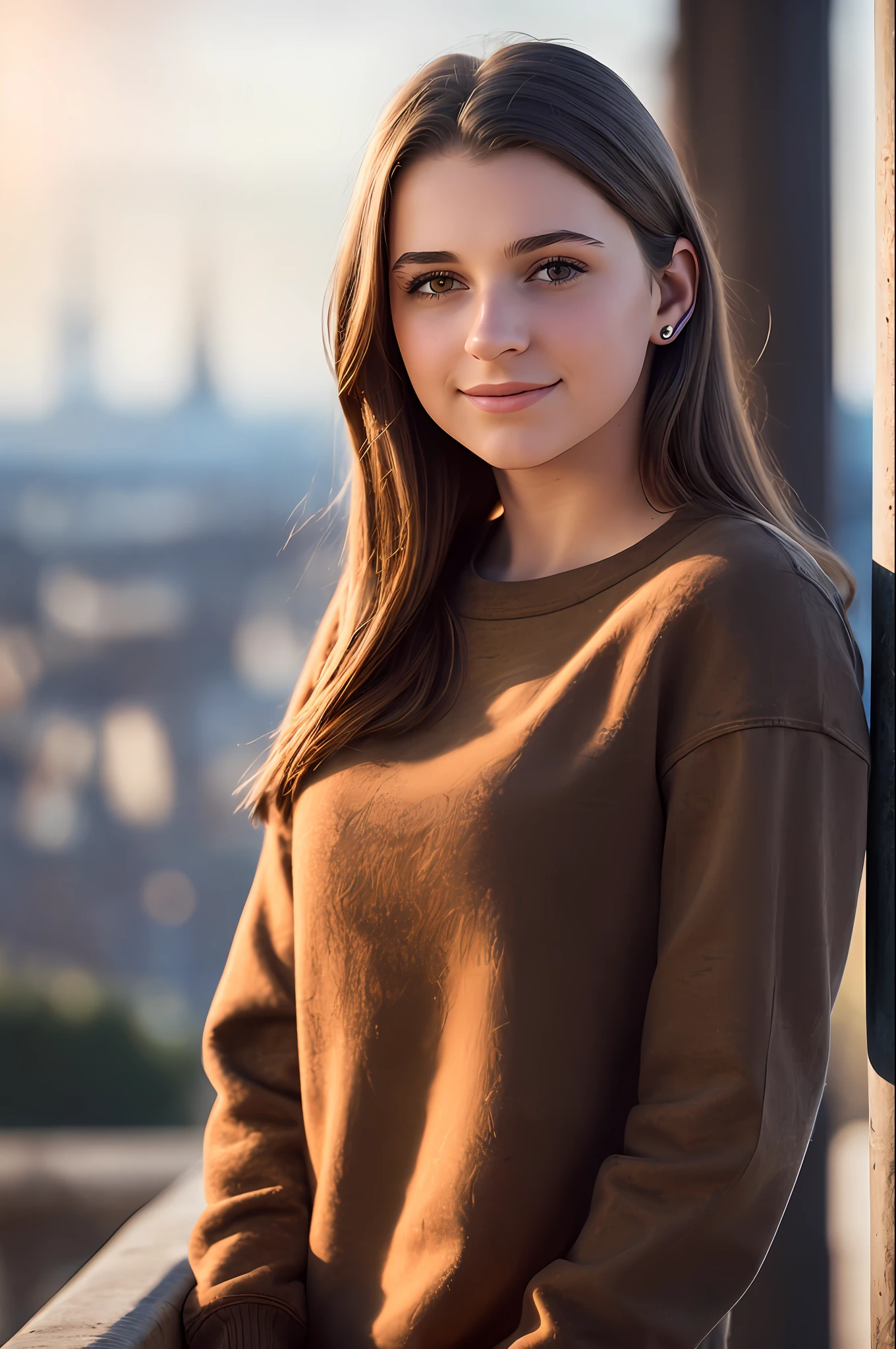 A portrait of a young woman with brown hair, brown eyes, ((18 years old)), ((upper body portrait, happy)), long-sleeved shirt, European city in the background, ((old poles)), ((nice weather)), ((midnight)), dark lighting, realistic shadows, ultra realistic, photorealistic, 8K, Full HD, 55mm lens, closeup shot, volumetric lighting