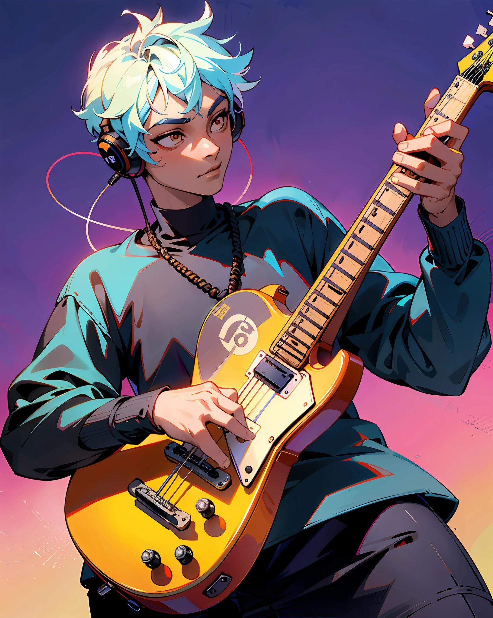 statue of a man with headphones holding a guitar, jamming to music, album art, taken in the early 2020s, new album cover, music being played, playing a gibson les paul guitar, playing guitars, playing the guitar, adut akech, holding electric guitars, the guitar player, holding guitars, guitar solo, playing a guitar, playing guitar