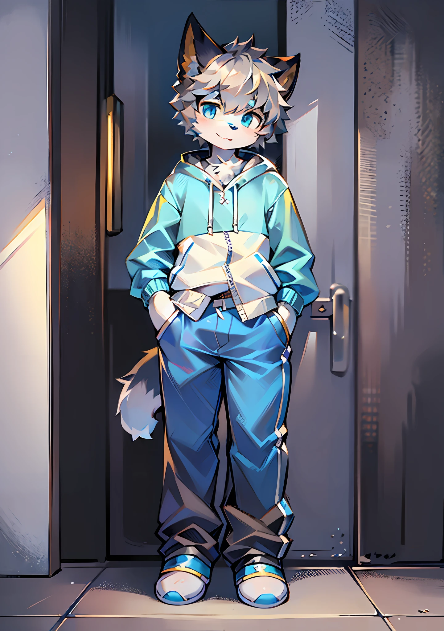 Bright eyes, panorama, character focus solo, furry, furry male cat, male yellow-white fur, blue eyes, gray hair (long) loli style, little cute, will sell cute, wearing blue clothes and pants, the character is standing