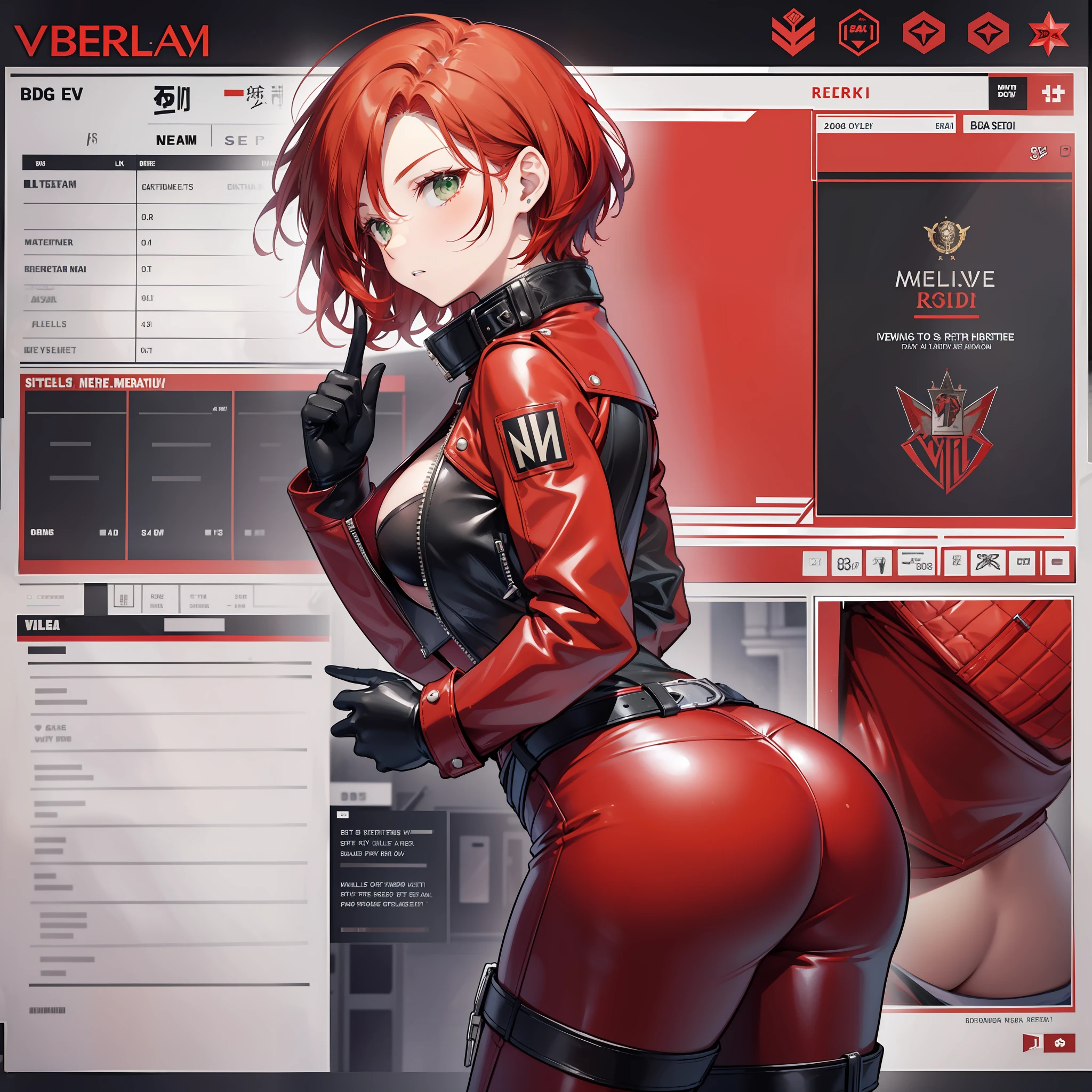 Young adult woman around 20 years old, redhead with medium short red hair, green eyes, red leather jacket, red leather pants and red boot and red glove, red latex leather clothing, big ass, big chest, CV settei sheets chart different angles views front view back view side view profile view