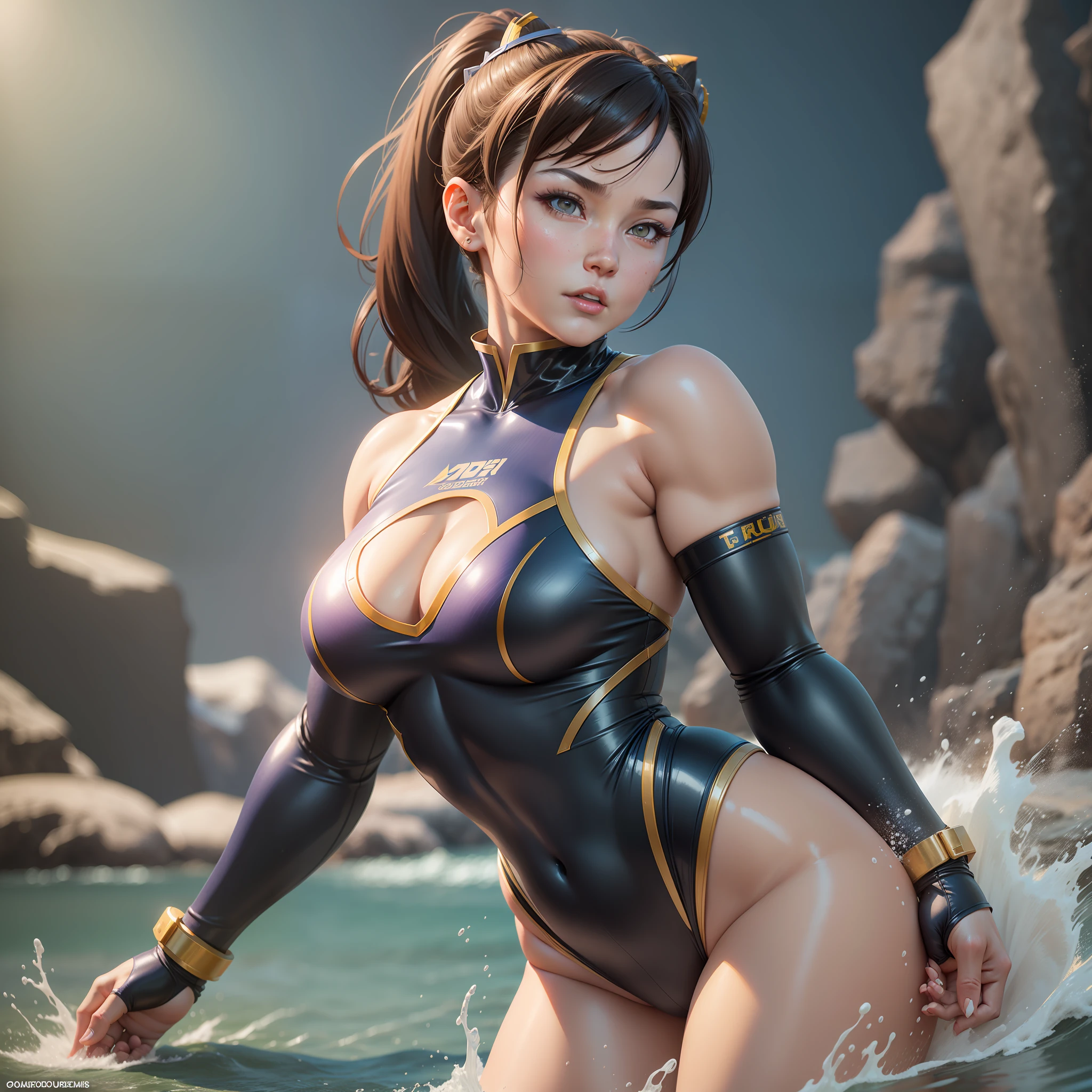 chun li in academia using wetsuit, chun-li portrait, photorealistic perfect body, chun li, chun-li, chun-li, thicc, smooth 3d cg render, wlop shiny skin, strong pose, cutesexyrobutts, sexy pose, 3d render character art 8k