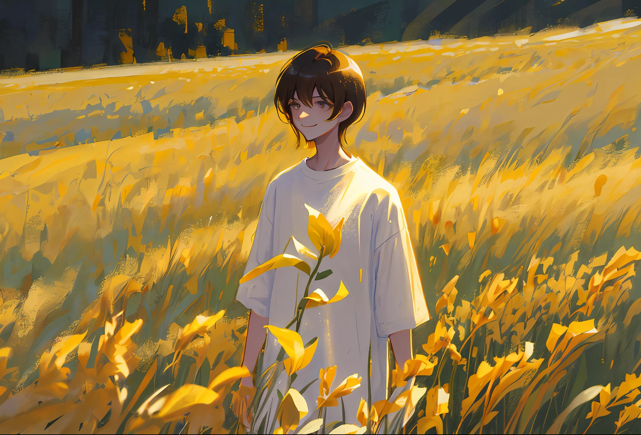 Skin, best quality, high resolution, masterpiece, a skinny brunette boy standing alone, smiling happily, bangs dyed in yellow, slightly longer hair, wearing a white shirt, bust, warm lighting, in the field, youthful, quiet and idyllic, warm glow