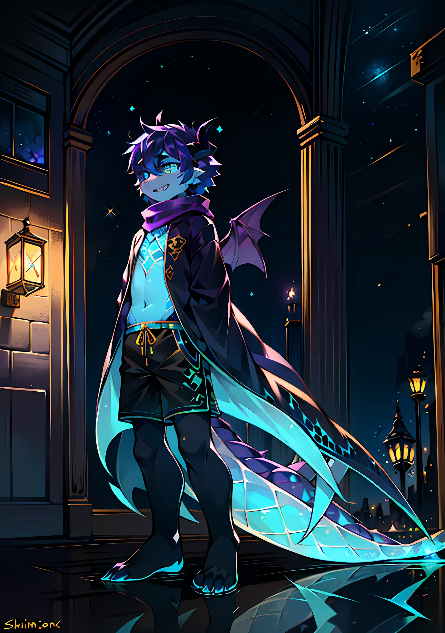 Masterpiece quality with the highest definition 4K), standing in a clean lake, shimmering reflection on the lake, clear moonlight outside the background. Provide character descriptions, a gorgeously dressed cute boy nicknamed "Little Mermaid" with plenty of jellyfish features. He has gorgeous fine scales, turquoise vertical pupils, and a long thin tail with glowing patterns and crystal dragon horns. His fangs are exposed below, he wears a blue-gold scarf and shines tattoos. Wearing a black and gold sweatshirt and black shorts. The dark purple-black dragon wings are beautiful and mysterious, and the crystal scales and dark scales bring more mystery.