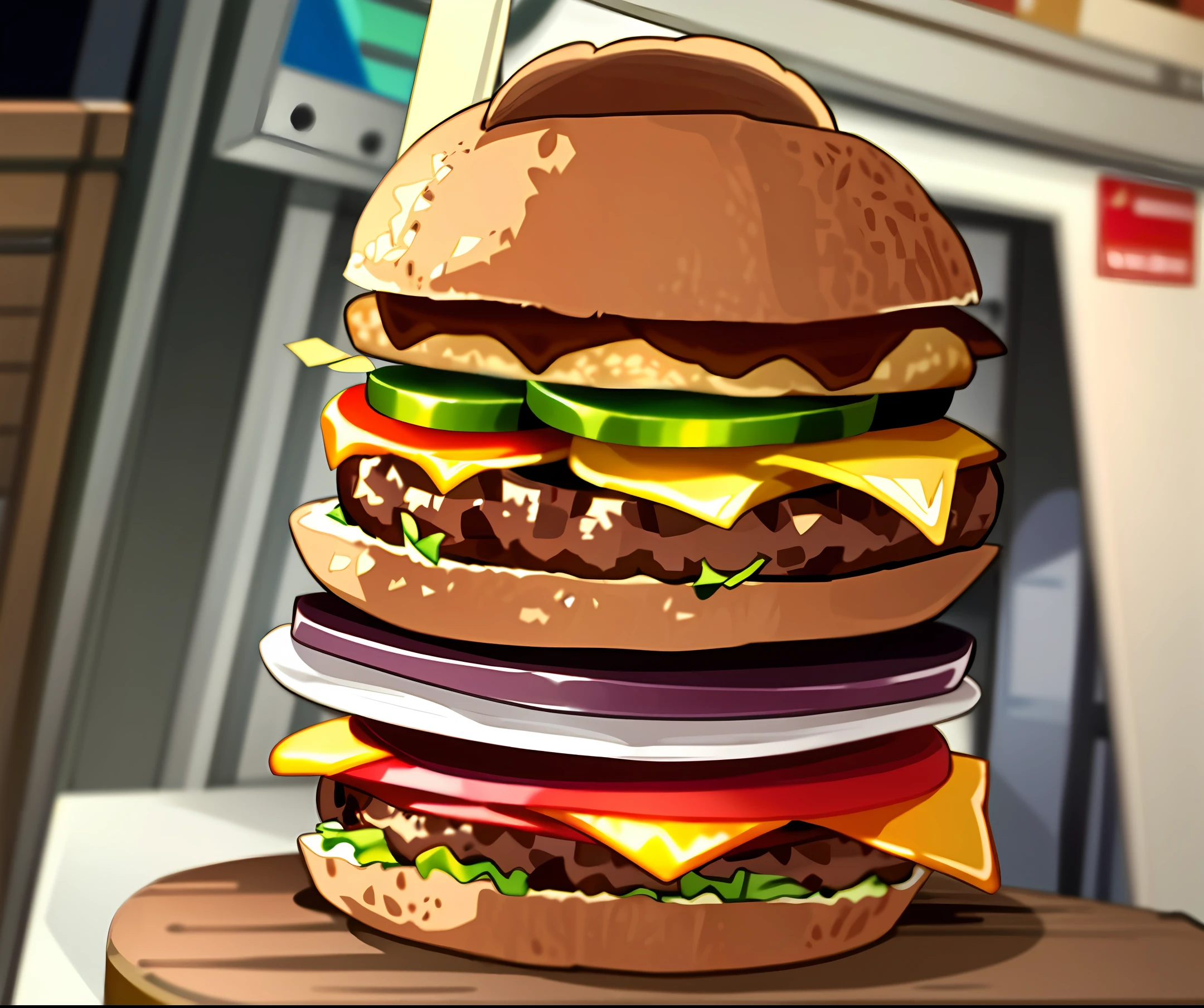 Complete sandwich with realism and print quality a bane with the name of a store (burger Rost )of hamburger Which person eating