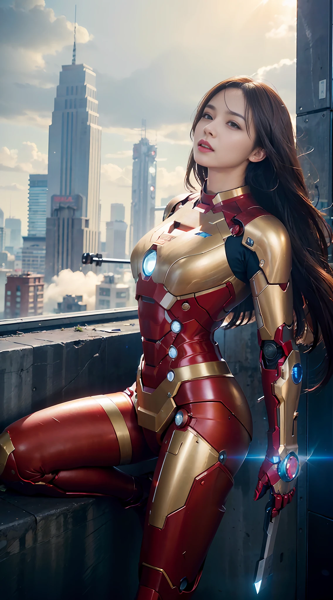 RAW, Masterpiece, Ultra Fine Photo,, Best Quality, Ultra High Resolution, Photorealistic, Sunlight, Full Body Portrait, Stunningly Beautiful,, Dynamic Poses, Delicate Face, Vibrant Eyes, (Side View) , she is wearing a futuristic Iron Man mech, red and gold color scheme, highly detailed abandoned warehouse background, detailed face, detailed and complex busy background, messy, gorgeous, milky white, high detailed skin, realistic skin details, visible pores , sharp focus, volumetric fog, 8k uhd, dslr camera, high quality, film grain, fair skin, photorealism, lomography, sprawling metropolis in futuristic dystopia, view from below, translucent