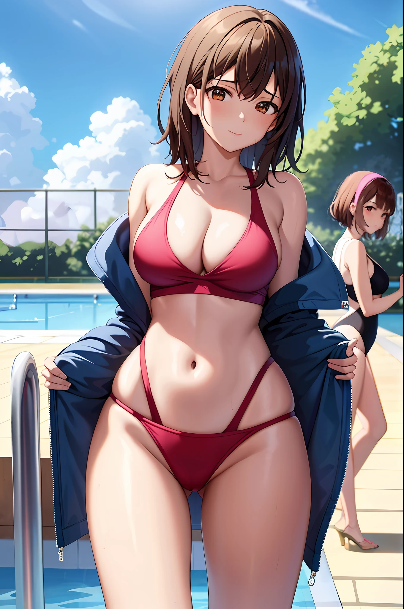 two women in swim suits standing next to a swimming pool, wet swimsuit, is wearing a swimsuit, swimsuit, next to a pool, wearing leotard, alena aenami and lilia alvarado, ayami kojima and lyde caldwell, ilya kuvshinov. 4 k, cute girl wearing tank suit, bathing suit, two beautiful anime girls