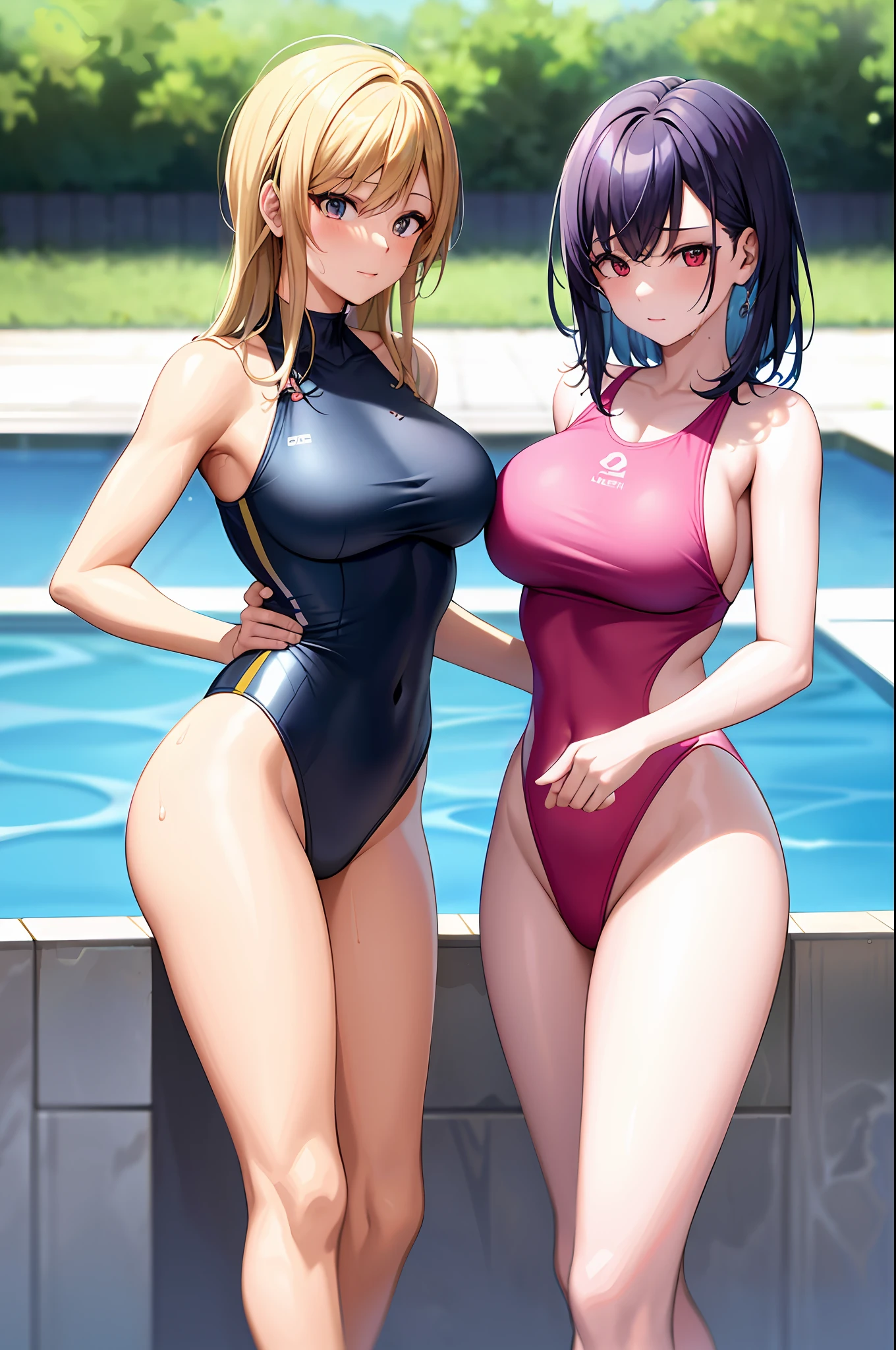 two women in swim suits standing next to a swimming pool, wet swimsuit, is wearing a swimsuit, swimsuit, next to a pool, wearing leotard, alena aenami and lilia alvarado, ayami kojima and lyde caldwell, ilya kuvshinov. 4 k, cute girl wearing tank suit, bathing suit, two beautiful anime girls