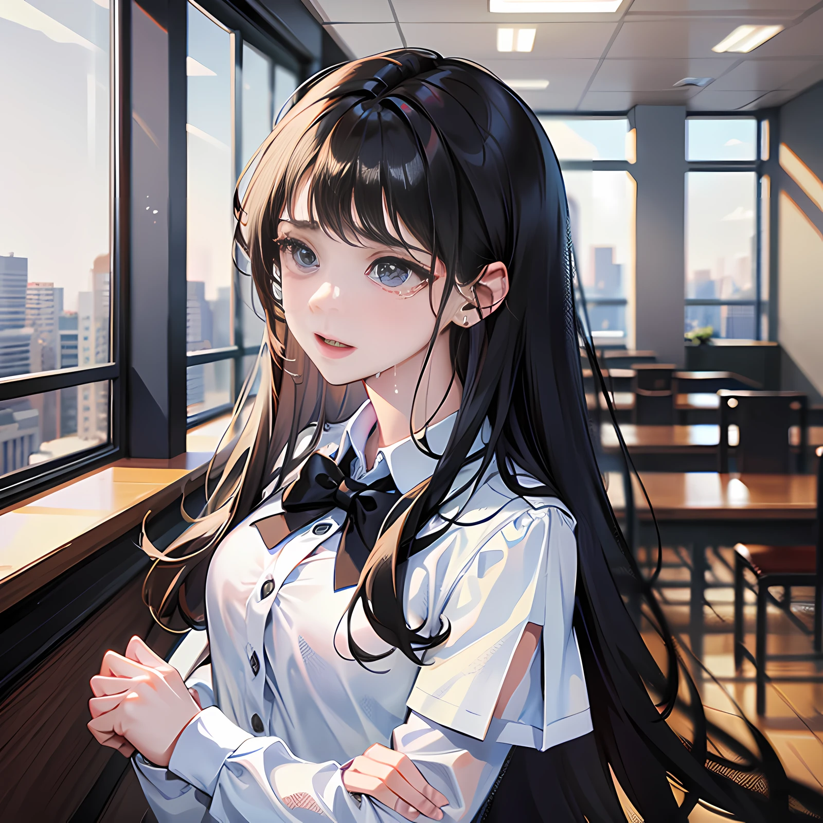 In the conference room, there was a girl standing up, long black hair, crying, tears, super detailed, 4k, white, no bow tie, super detailed