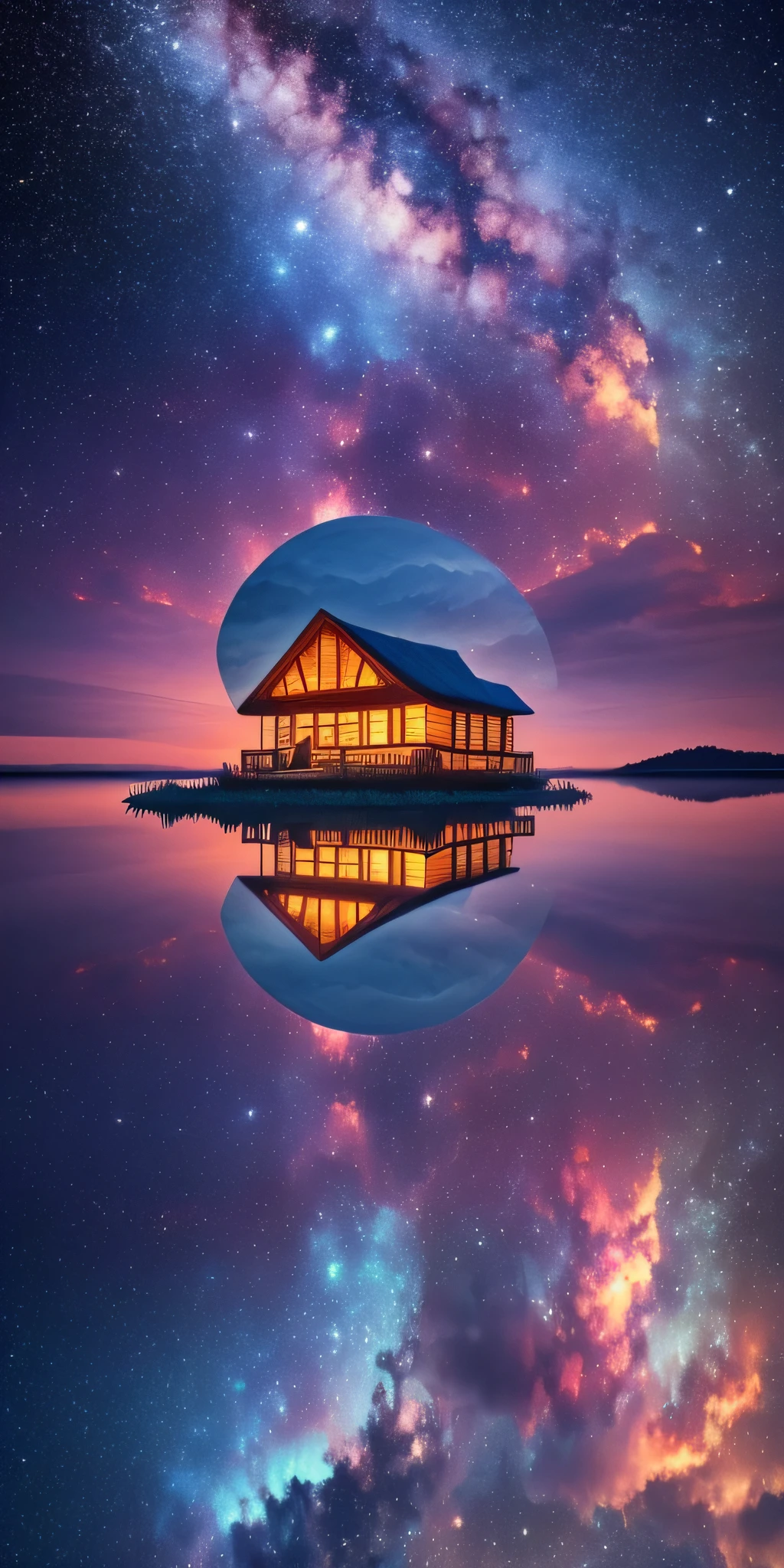 ((cabin on a floating island: 2.5)), under the floating island the reflection of water with the four seasons of the year, magical colors and atmosphere, stellar sky with nebula, surreal colors, beautiful backgrounds, composition in the reflection of water, magic colors and atmosphere, vibrant atmospheric colors