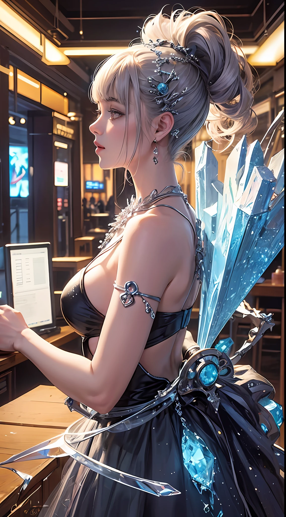 crystal covered, upper body, side shot, alternate color, masterpiece, detailed illustration, realistic, pixiv top quality, exquisite, {{{kawaii 1girl}}}, ultra beauties who fuse with machines, elaborate shabby chic pattern, glitter beautiful female, Half of my body is made of machines, transparent glass body, The machines inside the body are transparent, cinematic lighting, dynamic angle, dynamic pose, crystal world, depth of field