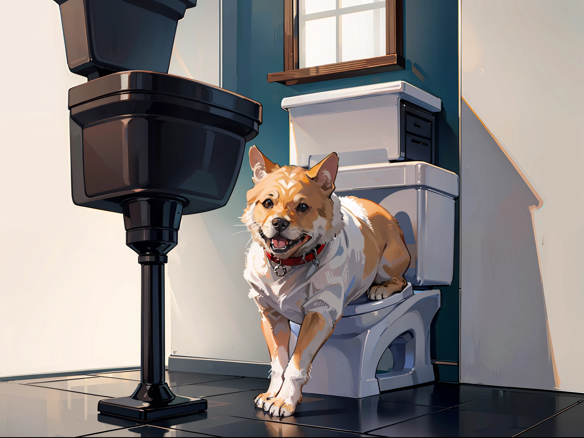 A dog squats on the toilet, toilet,