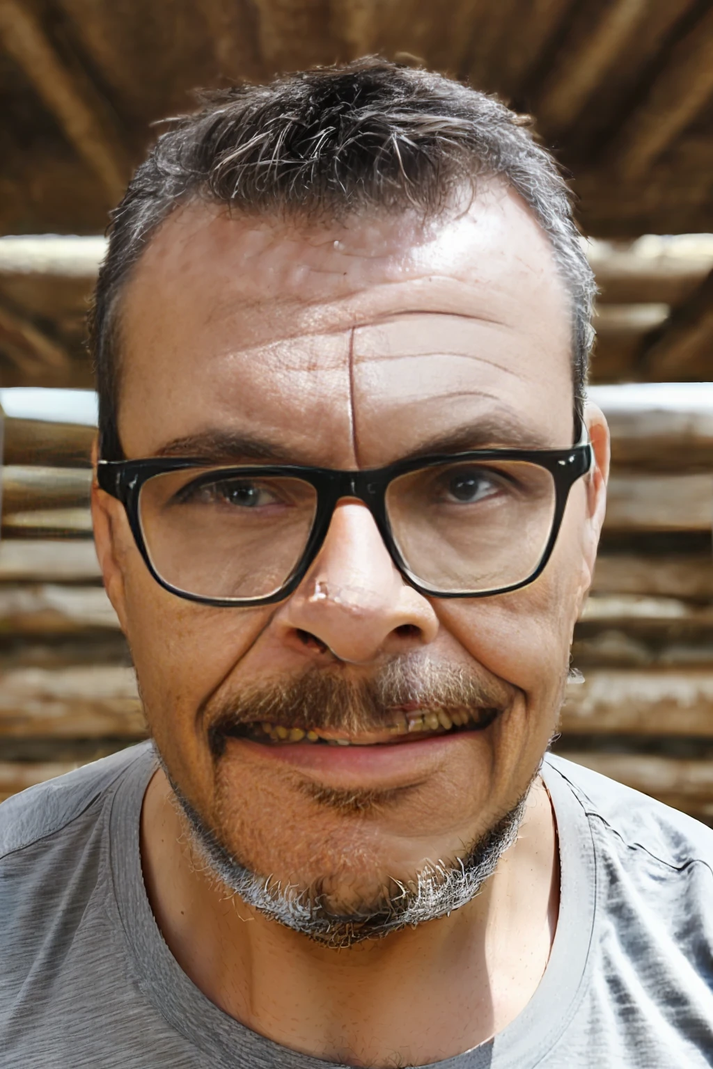 full frame, close portrait, rustic, male model, brunette man, ((glasses)), ((black t-shirt)), tanned and wrinkled skin, military-style gray hair, lumberjack beard, dark brown eyes, (skin texture), skin pores, depth of field, sharp eye focus, backlit