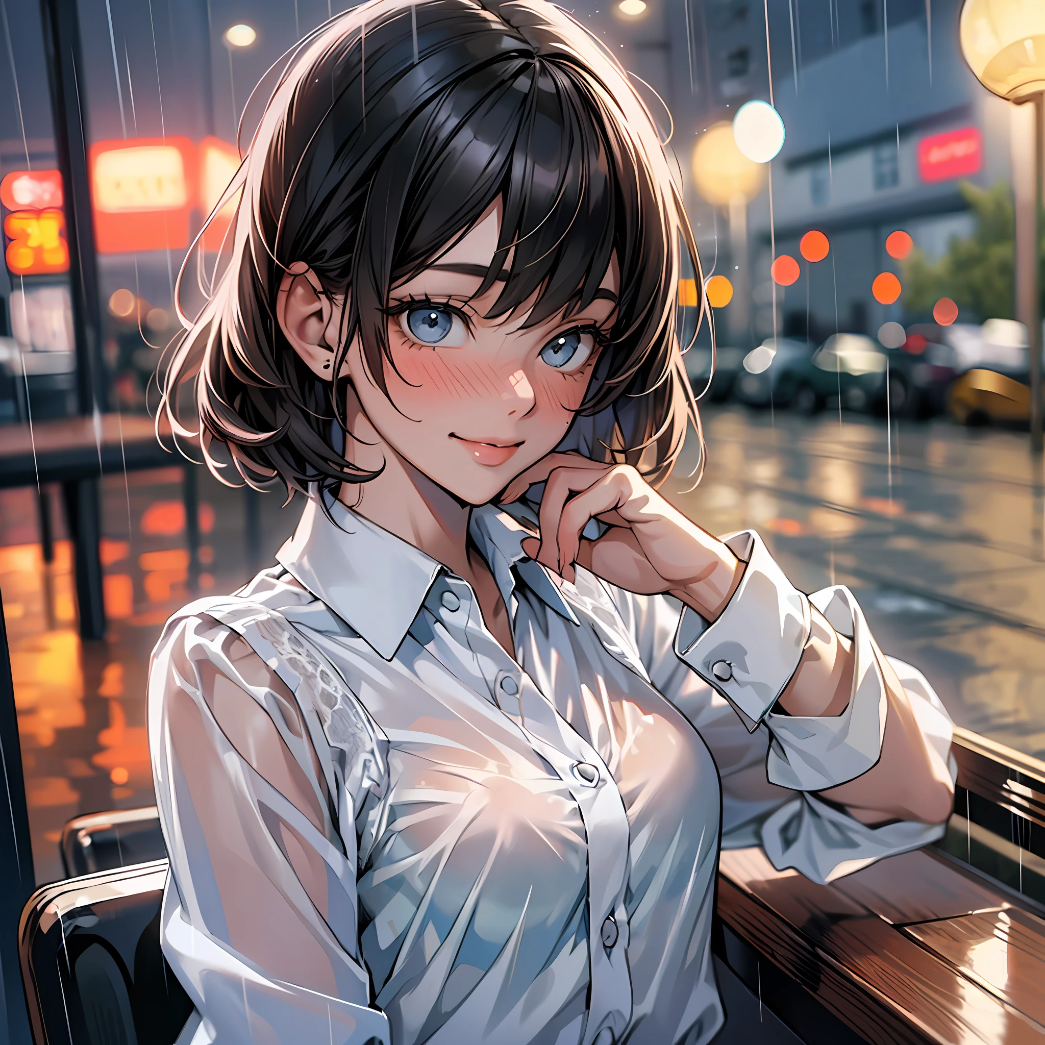 (8k, Best Quality, Masterpiece: 1.2), (Realistic, Photorealistic: 1.37), Super Detailed, 1 Girl, Cute, Alone, Beautiful Detailed Sky, Detailed Cafe, Night, Sitting, Date, ( Nose blush), (smile: 1.15), (close mouth) small breasts, beautiful details, (collared shirt: 1.1), night, wet, business wear, rain, white lace, (short hair: 1.2), floating Hair NovaFrogStyle,