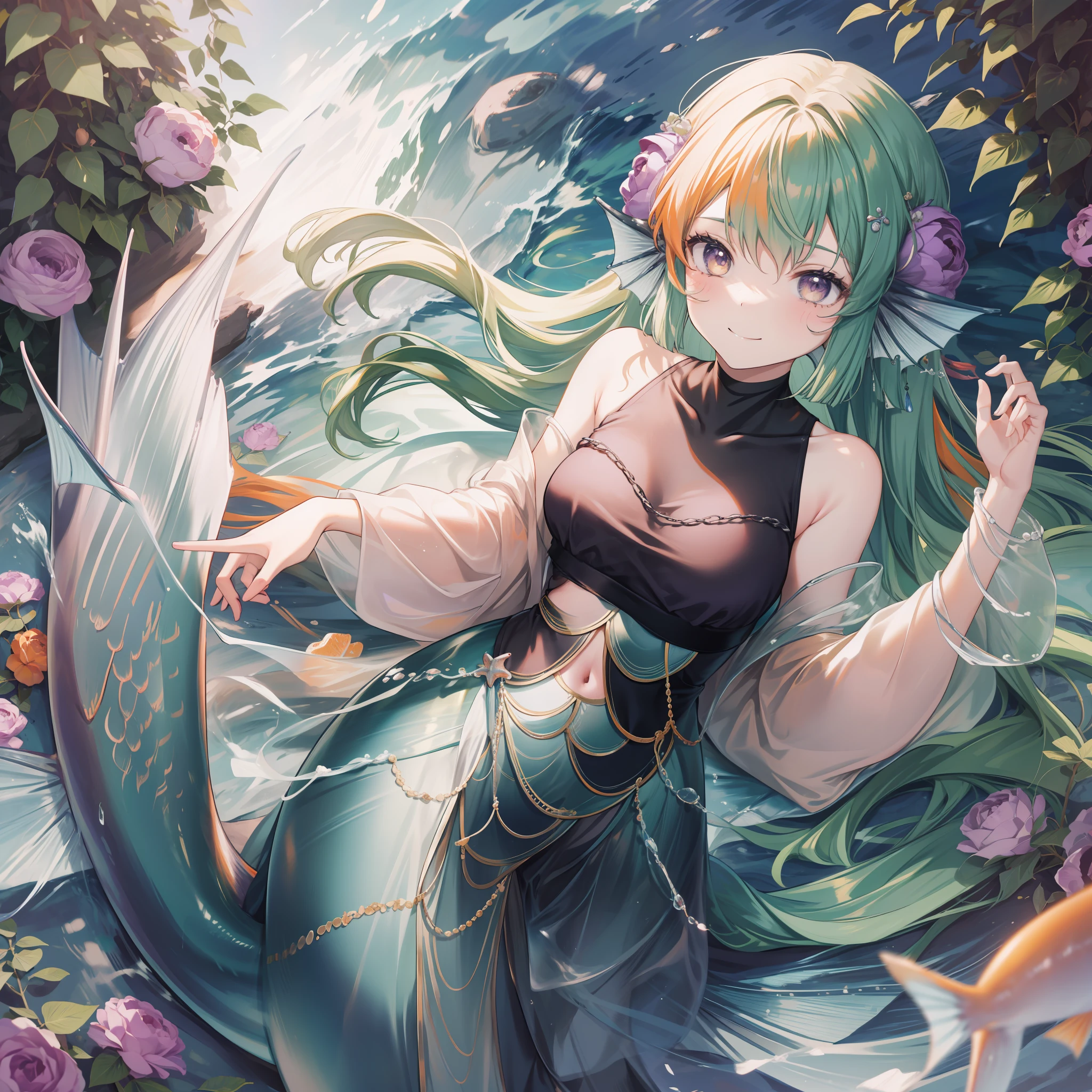 Young between 20 years old long orange hair, medium breast, cute face, happy eyes, smile, abdomen defined thin, mermaid tail, mermaid tail, fish tail mermaid tail