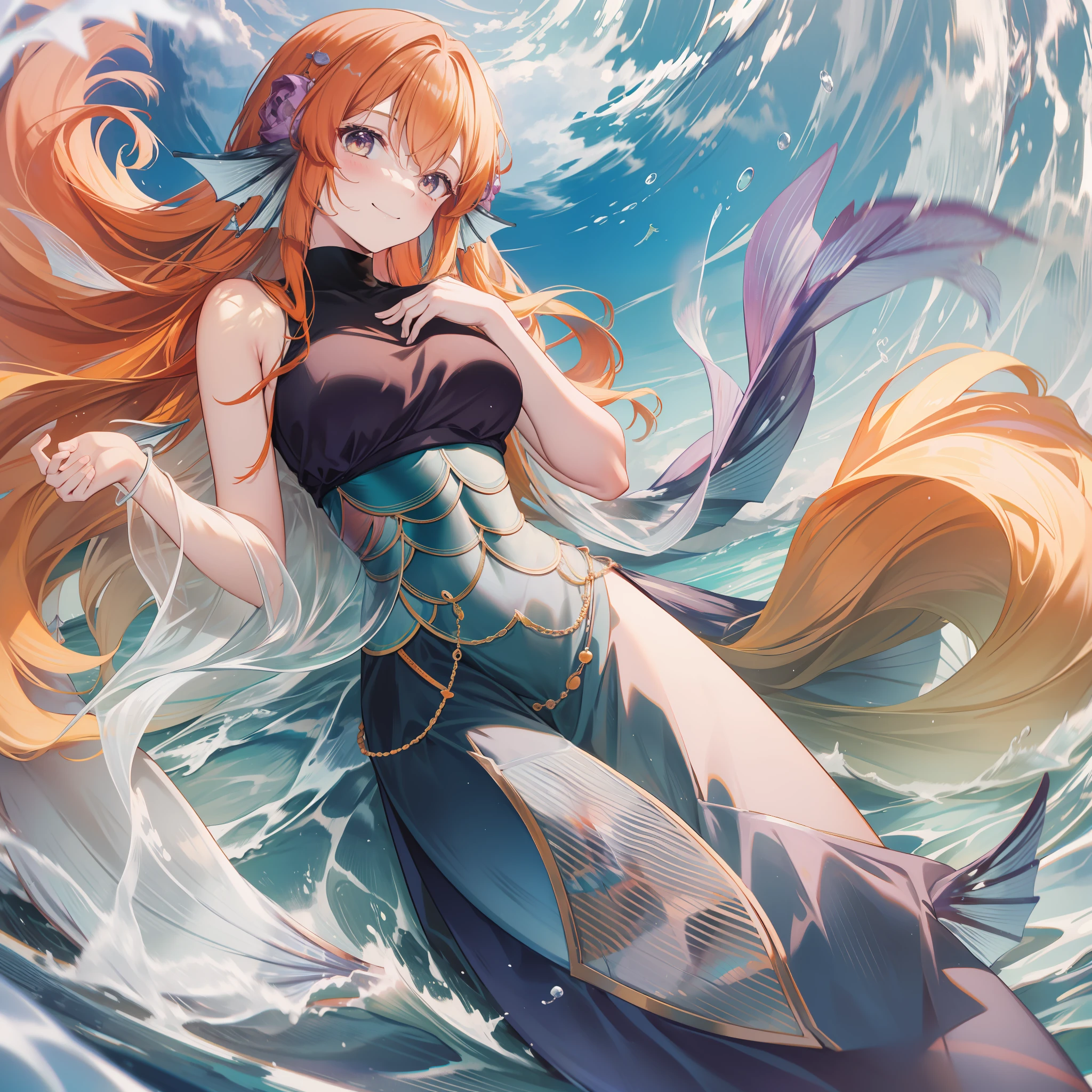 Young between 20 years old long orange hair, medium breast, cute face, happy eyes, smile, abdomen defined thin, mermaid tail, mermaid tail, fish tail mermaid tail