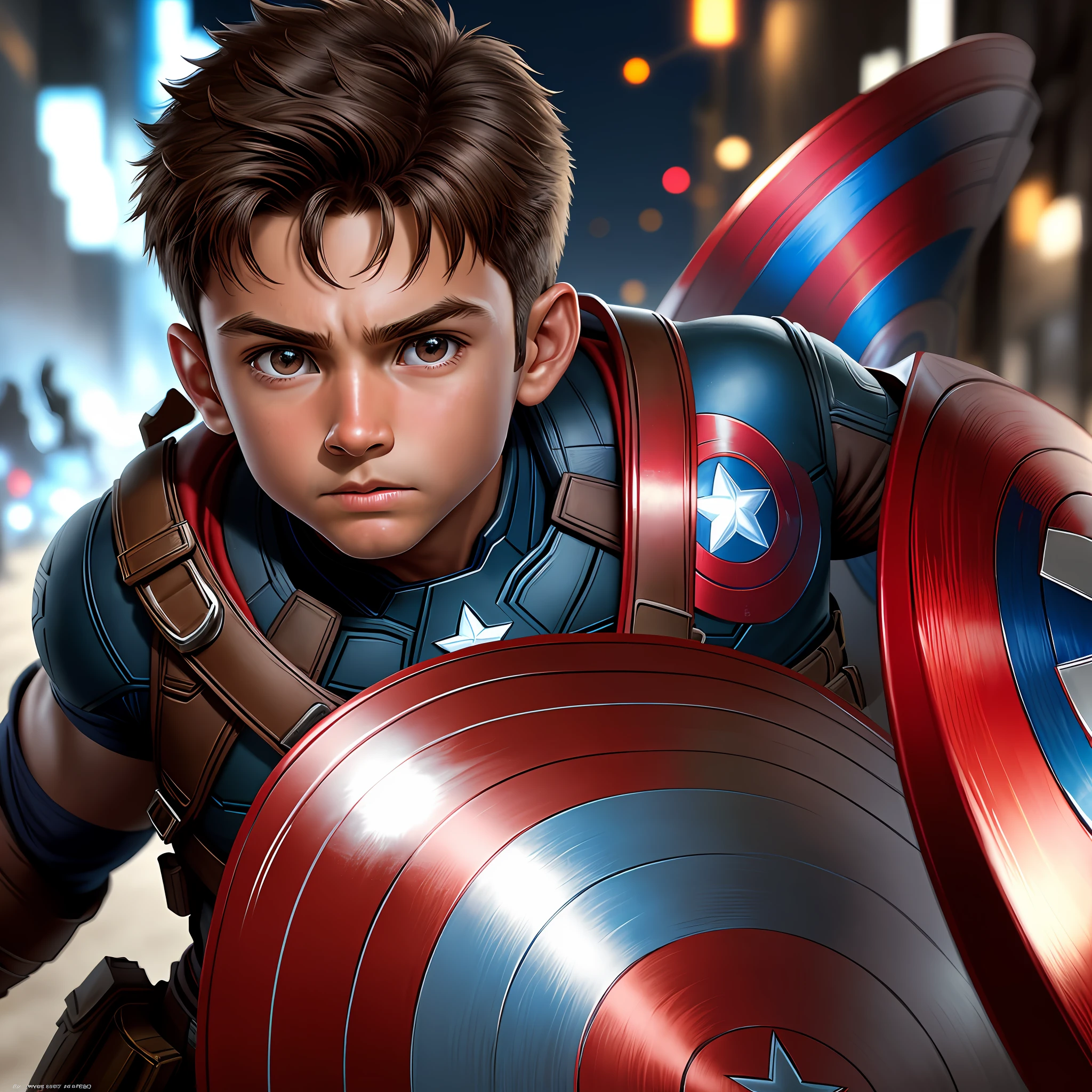 Boy, 6 *********,brown,front view like Captain America 8k, high resolution, detailed face, detailed face, kid body,detailed eyes, detailed costume, Marvel and DC style, hyper-realistic, + cinematic shooting + dynamic composition, incredibly detailed, sharp, detailed + superb details + night with light + perfectionism + award-winning realism