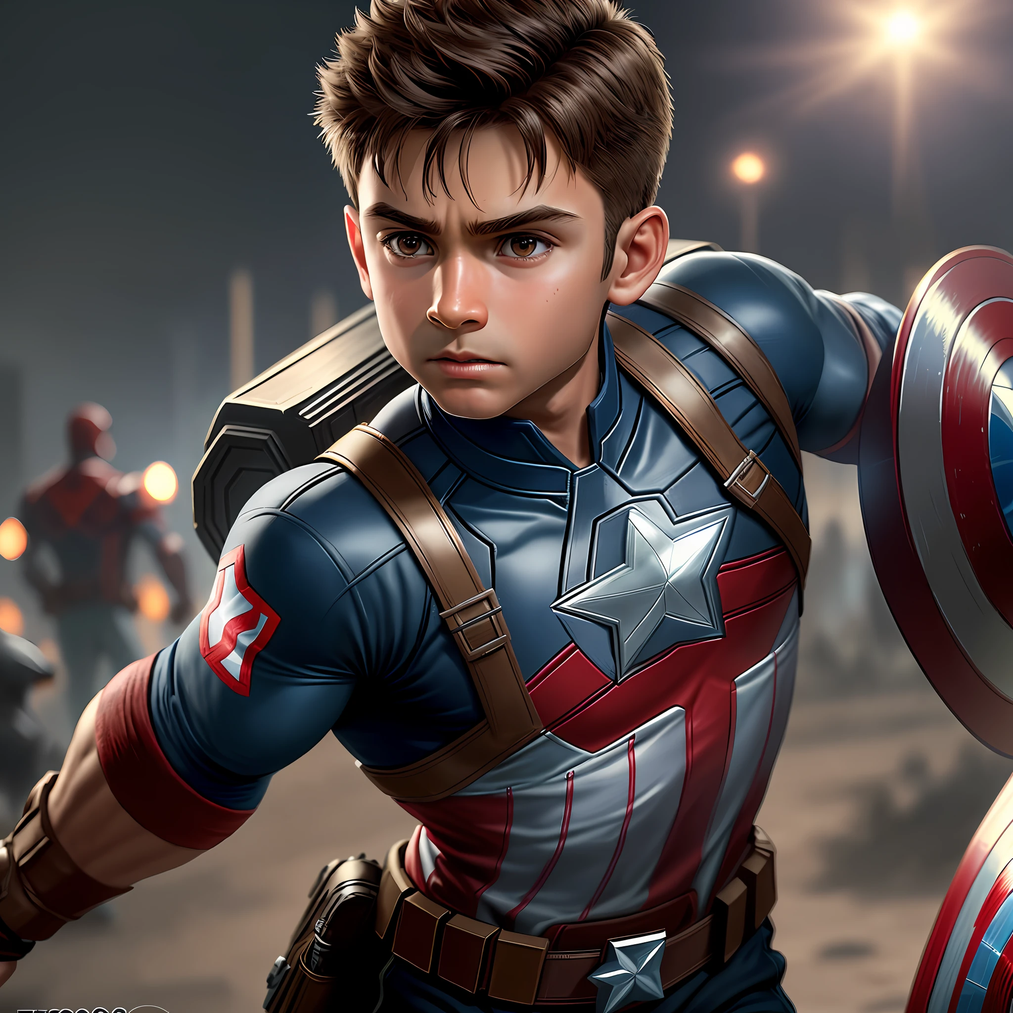 Boy, 6 years old,brown,front view like Captain America 8k, high resolution, detailed face, detailed face, ??? body,detailed eyes, detailed costume, Marvel and DC style, hyper-realistic, + cinematic shooting + dynamic composition, incredibly detailed, sharp, detailed + superb details + night with light + perfectionism + award-winning realism