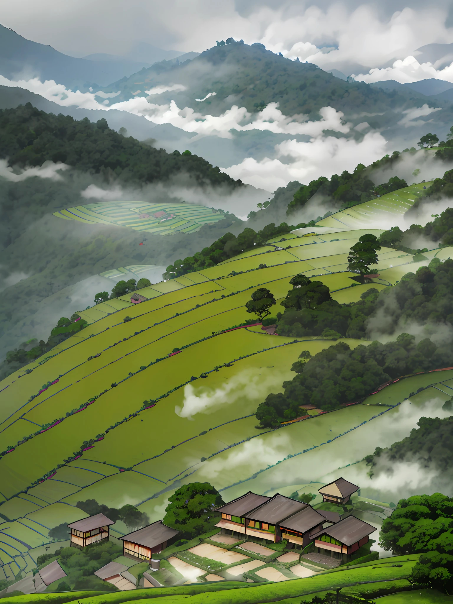 Large swathes of tea plantations, mountain forests, huts, with tea trees, tea leaves, misty rain, villages, agriculture, in tranquil landscapes, foggy weather, in vast tranquil landscapes, early in the morning, in the morning fog, behind a small village, mist, mountain countryside, thatched roof 4K, --v6