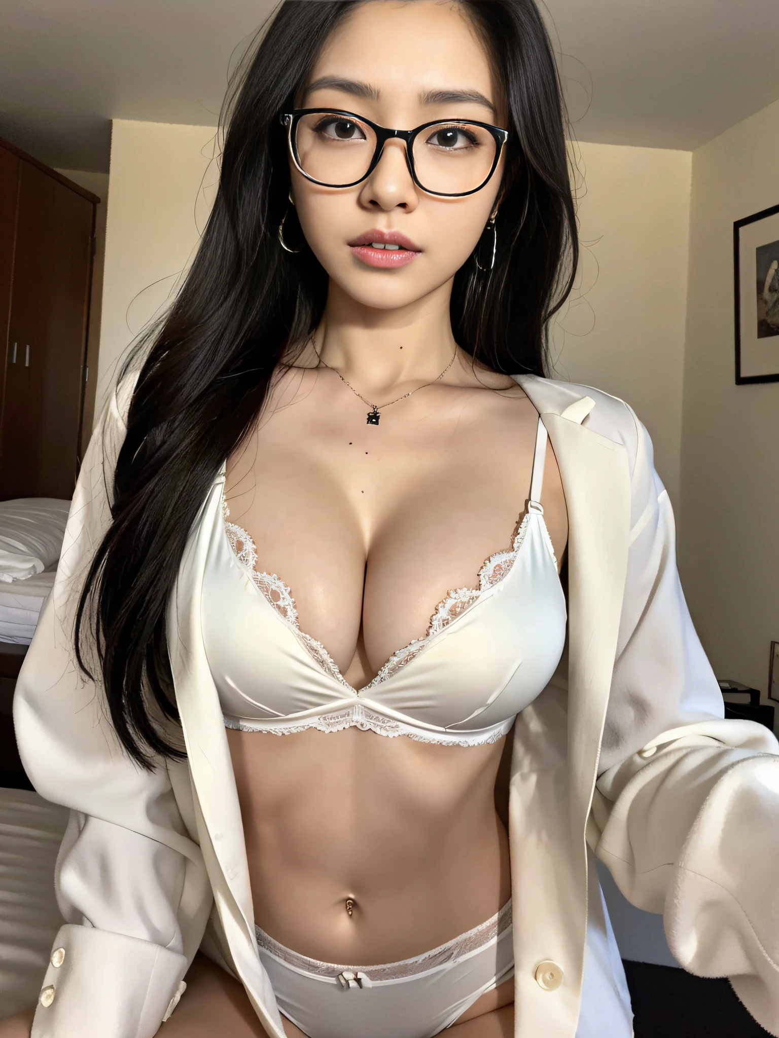 Nikon RAW Photos, 8k, Fujifilm XT3, Masterpiece, Top Quality, Realistic, Photorealistic, Ultra Detailed, 1girl, Solo, Close Up Portrait, Diamond Stud Earrings, Black Hair, Hazel Eyes, Serious Look, Black Blazer, White Shirt, White Blouse, Bedroom Standing, saika1, Big, White Bra, Cleavage, Sexy, Mature Woman, with glasses, bold-looking chest, unevenness of the is visible,