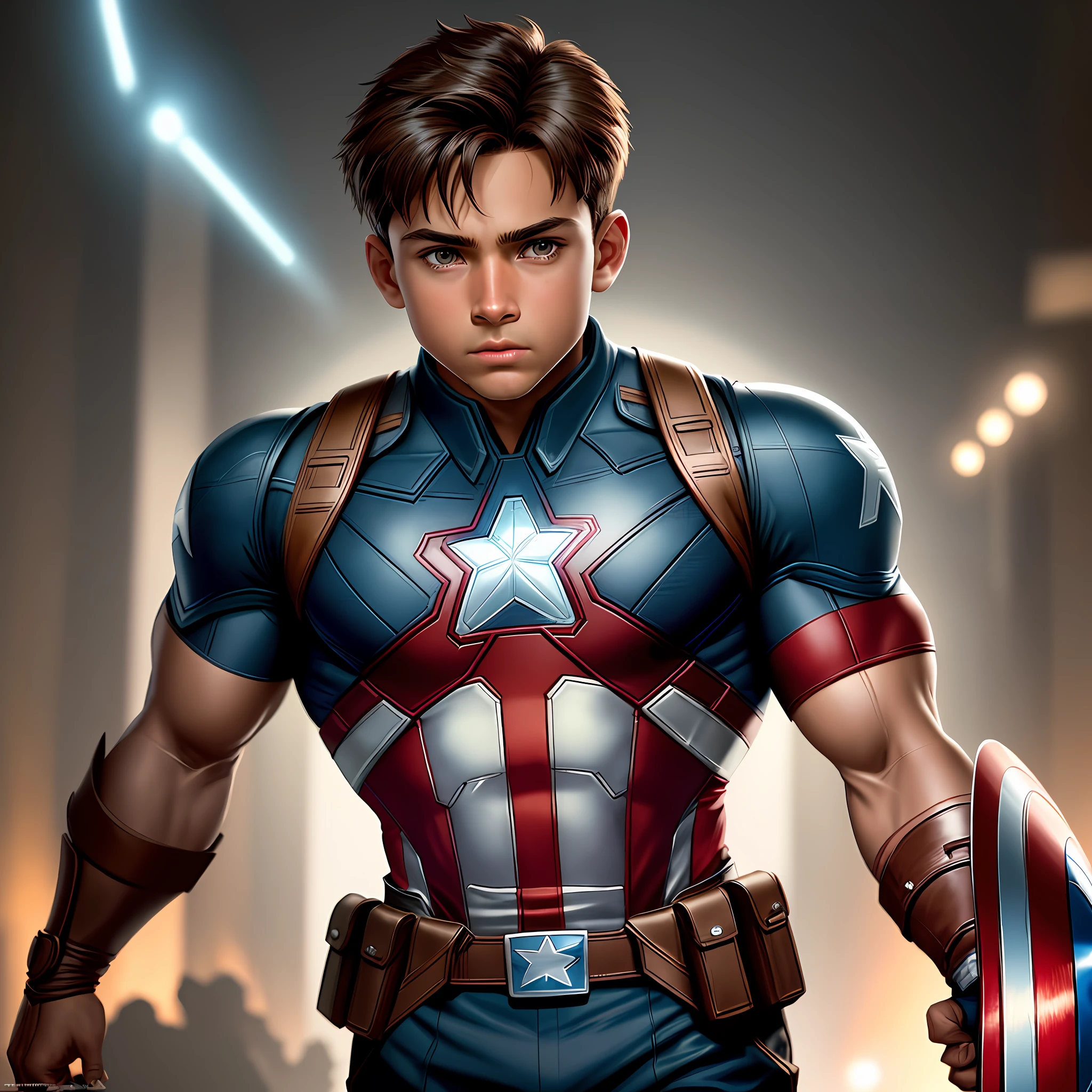 Boy, 6 years old,brown,front view like Captain America 8k, high resolution, detailed face, detailed face, kid body,detailed eyes, detailed costume, Marvel and DC style, hyper-realistic, + cinematic shooting + dynamic composition, incredibly detailed, sharp, detailed + superb details + night with light + perfectionism + award-winning realism