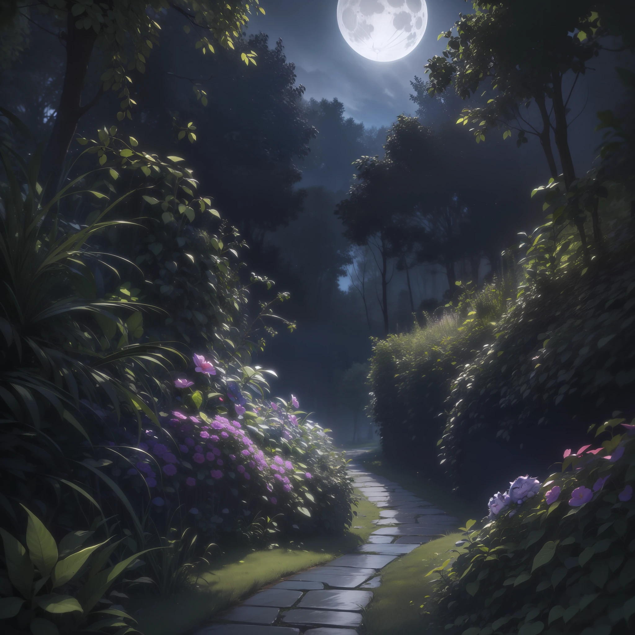"Cheshire cat from the alice drawing of Wonderland, (Be sure to include all the details of its appearance from the original), appearing realistically, (3d rending work), (in a fantasy forest environment, at night with moon lights coming out of the forest), detailed and impressive."