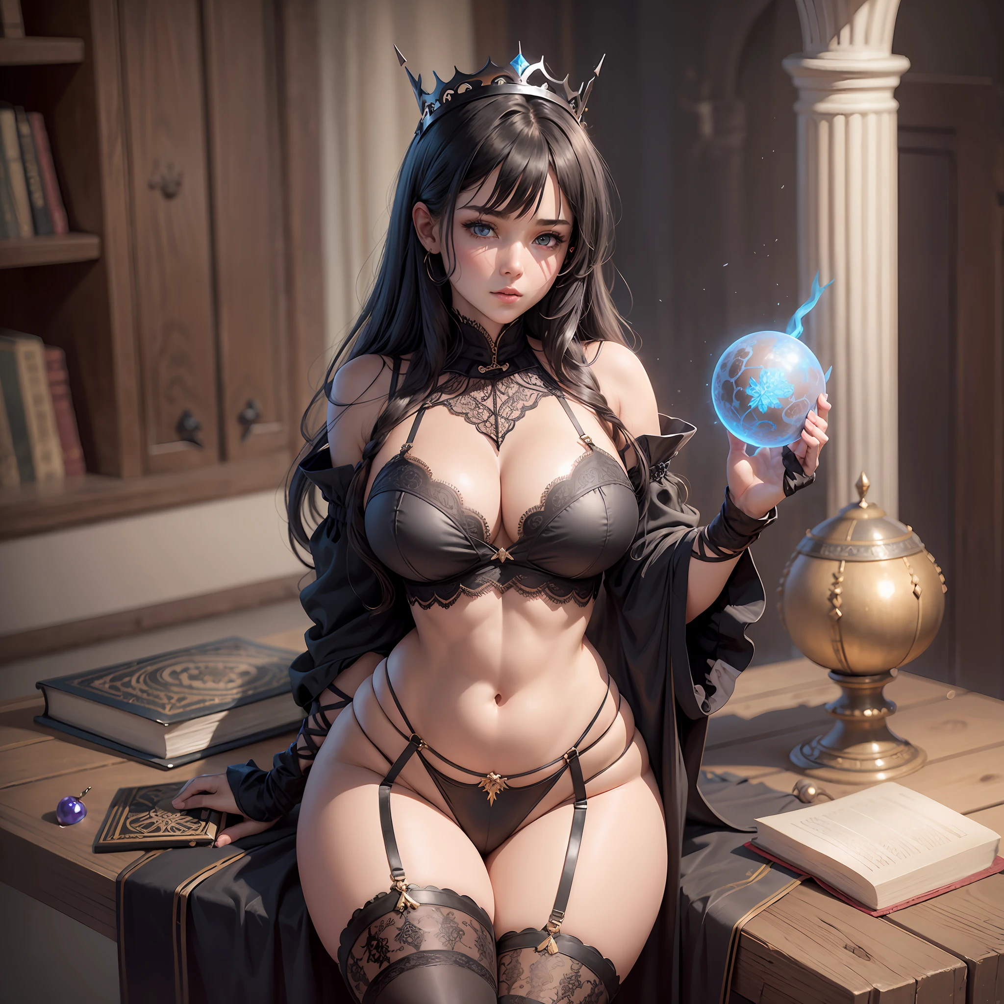 Two 18-year-old women, big ass, back, full body, full body image, wearing black boots, witch character, black hair, hair larger than the character's body, blue eyes, symmetrical and detailed perfect face, thin waist, wide and rounded hips, bust accompanying hip size, thick thighs, wearing a delicate princess crown, lace bra with intricate details, lace panties with intricate details, black boot, holding a magic stick and a magic book,