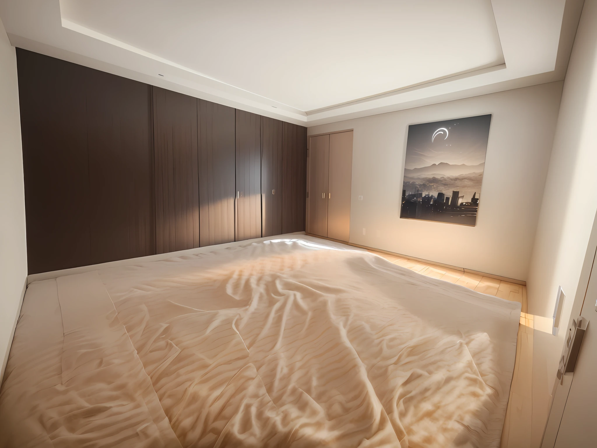 Bedroom, (extremely detailed CG unity 8k wallpaper, masterpiece, best quality, ultra-detailed), minimalistic decoration style, high resolution, bedroom, (decorative drawings, reference drawings), clean and elegant ambiance, wide shot.