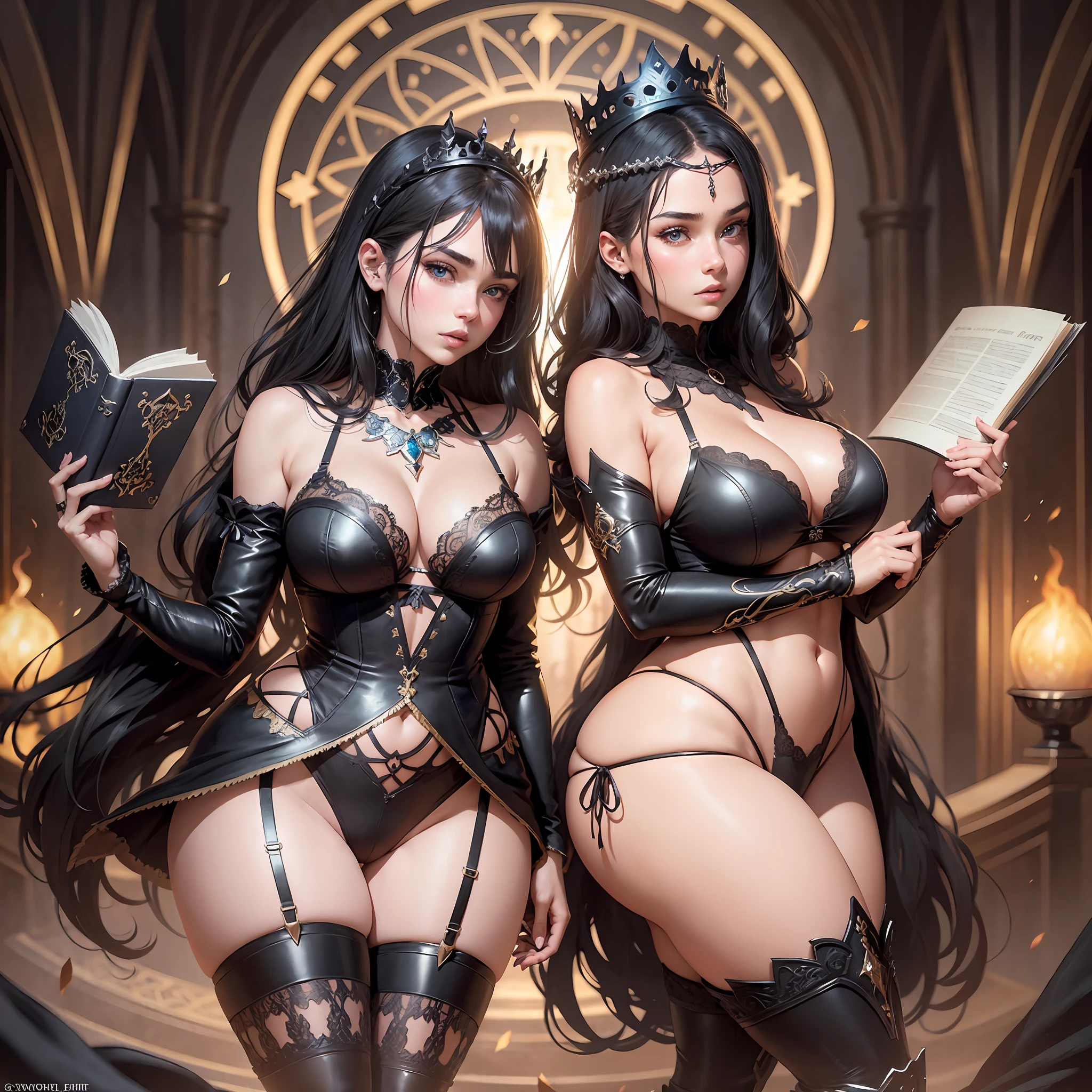 Two 18-year-old women, big ass, back, full body, full body image, wearing black boots, witch character, black hair, hair larger than the character's body, blue eyes, symmetrical and detailed perfect face, thin waist, wide and rounded hips, bust accompanying hip size, thick thighs, wearing a delicate princess crown,  lace bra with intricate details, lace panties with intricate details, black boot, holding a magic stick and a magic book,