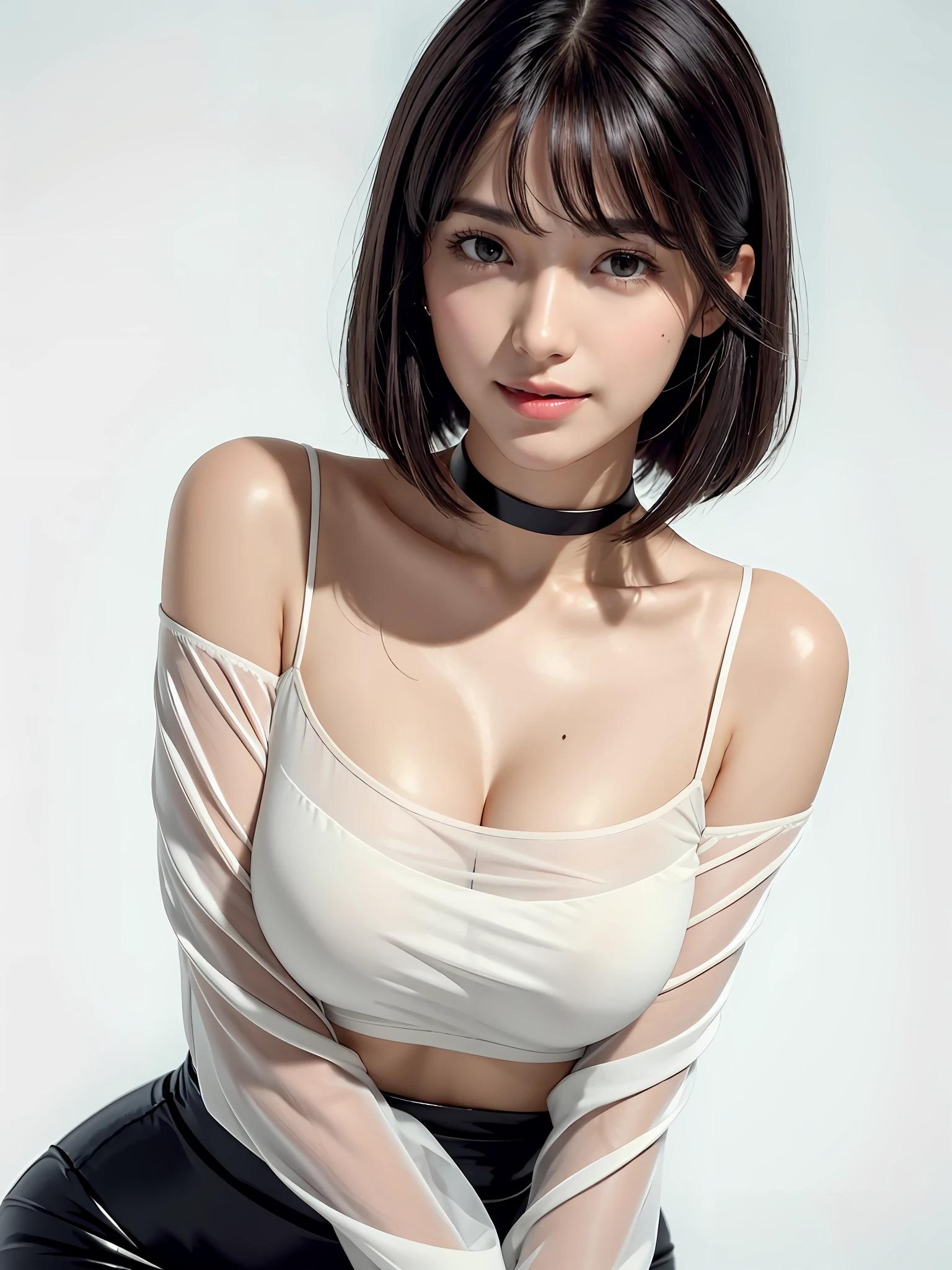 (Close-up: 1.4),
(RAW Photos: 1.2), (Photorealistic: 1.4), (Masterpiece: 1.3), (Best Quality: 1.4), Dreamy, (Detailed Eyes), (Detailed Facial Features), (Detailed Clothing Features), Skin Tightening, (Shiny Skin), (Slender Girl), (Slim Girl), 1 Girl, (Full Body)), Solo, Cute, Smry, (Middle Breast), Bangs, Straight Hair, Long hair, black hair, black eyes, crystal pendant, long blue scarf, white long wool coat, black thick pantyhose, brown snow boots, (best quality, 8k, 32k, masterpiece, UHD: 1.2), cute Japan woman photo, 1 girl, (big), (tall woman), (abs), (lips), closed mouth, (medium short), double eyelids, Wet skin, only one very beautiful woman, very sexy body, gaze looking directly at the camera, golden ratio face, golden ratio body, perfect body, perfect face, perfect breasts, big breasts looking directly at the camera, non-permanent sexy expression, holding breasts between arms to make cleavage, breasts closer, coquettish smile, very happy smile, skin gloss, big eyes, highlights in the pupils, Lip gloss, clear double eyelids, eyelashes, long neck, beautiful short hair, glossy dark black hair, bangs, thick bangs, shiny skin, moles on the chest, teary moles, clean bangs, clean collarbones, clean ass bones, pure white background, empty background, crystal clear white business shirt, clothes that seem to be visible but invisible, overwhelming charm, attractive natural light, 19 years old, choker