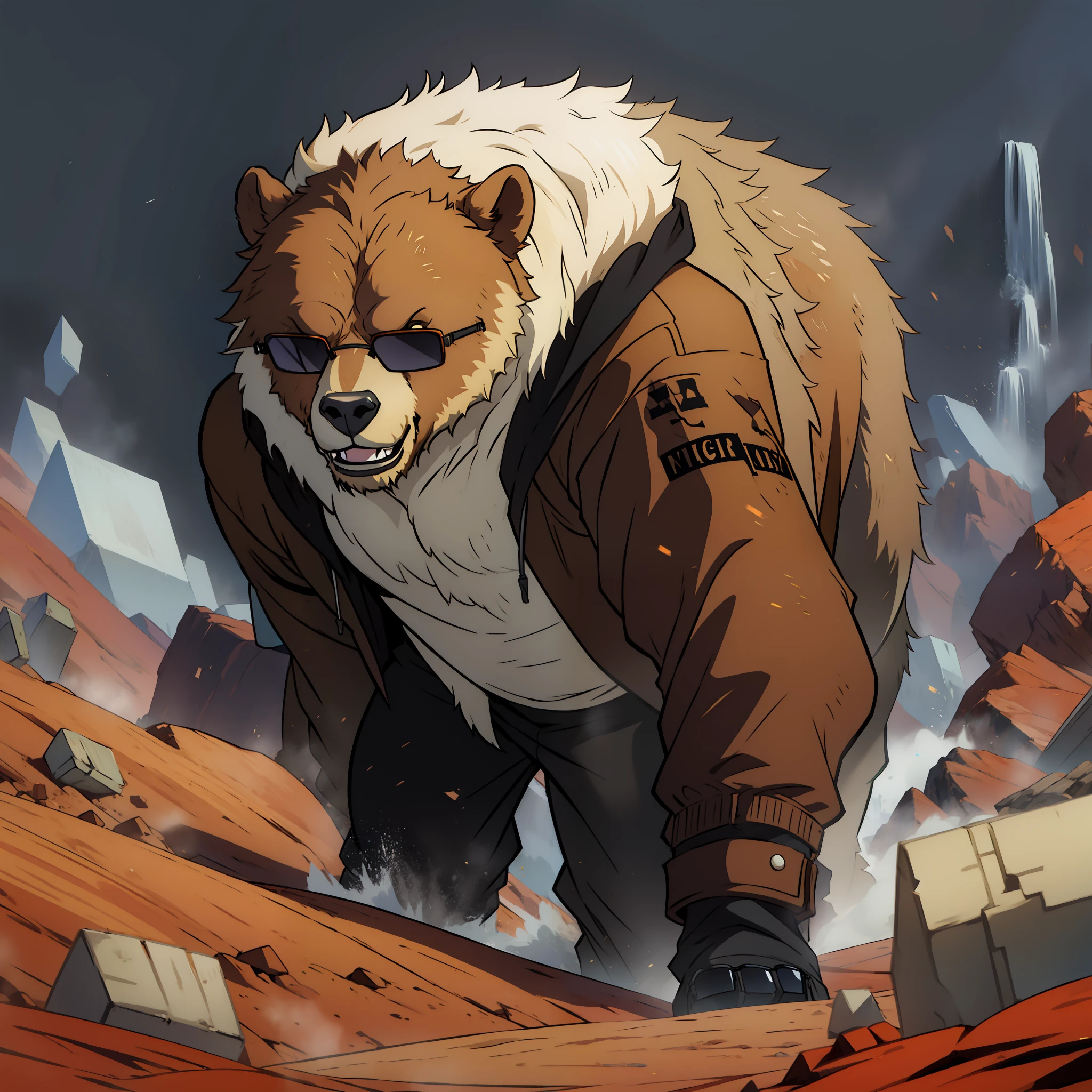 Soil, shield gray background, grizzly bear, wearing coat, hood, wearing sunglasses