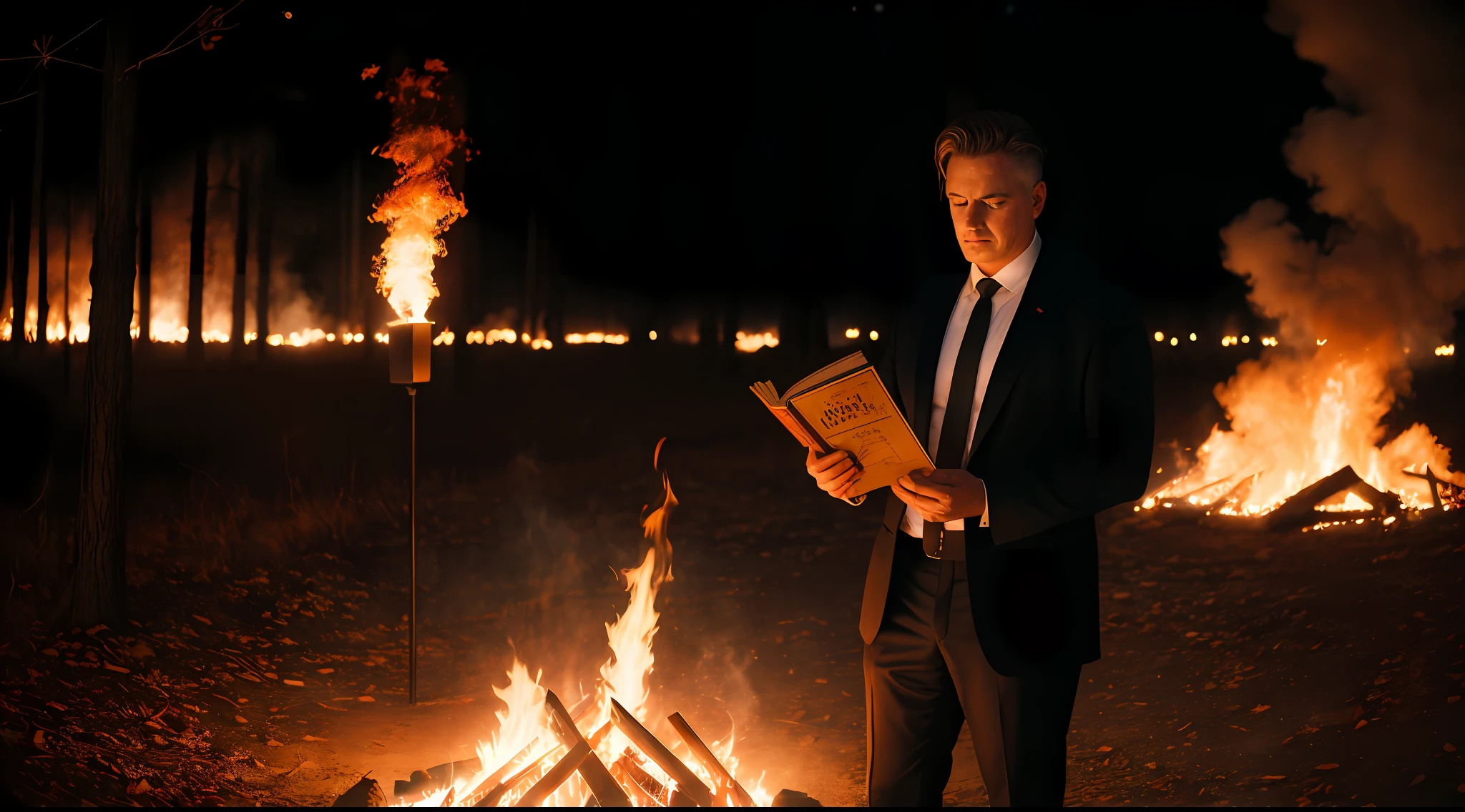 Man with Satanic Book in hand, suit and tie, surrounded by fire, high flames, ritual macumba, sacrifice, road in the forest, crossroads, middle-aged man, dark night, gothic weather, ((thin, small)), photorealistic, photo, masterpiece, realistic, realism, photorealism, high contrast, photorealistic digital art trend in Artstation 8k HD high definition detailed realistic, detailed, skin texture, hyper detailed, realistic skin texture, armor, best quality, ultra high resolution, (photorealistic: 1.4), high resolution, detailed, raw photo, sharp re, by lee jeffries Nikon D850 film stock photography 4 kodak camera portra 400 lens f1.6 rich colors hyper realistic texture dramatic lighting irrealengine trending on artstation cinestill 800,