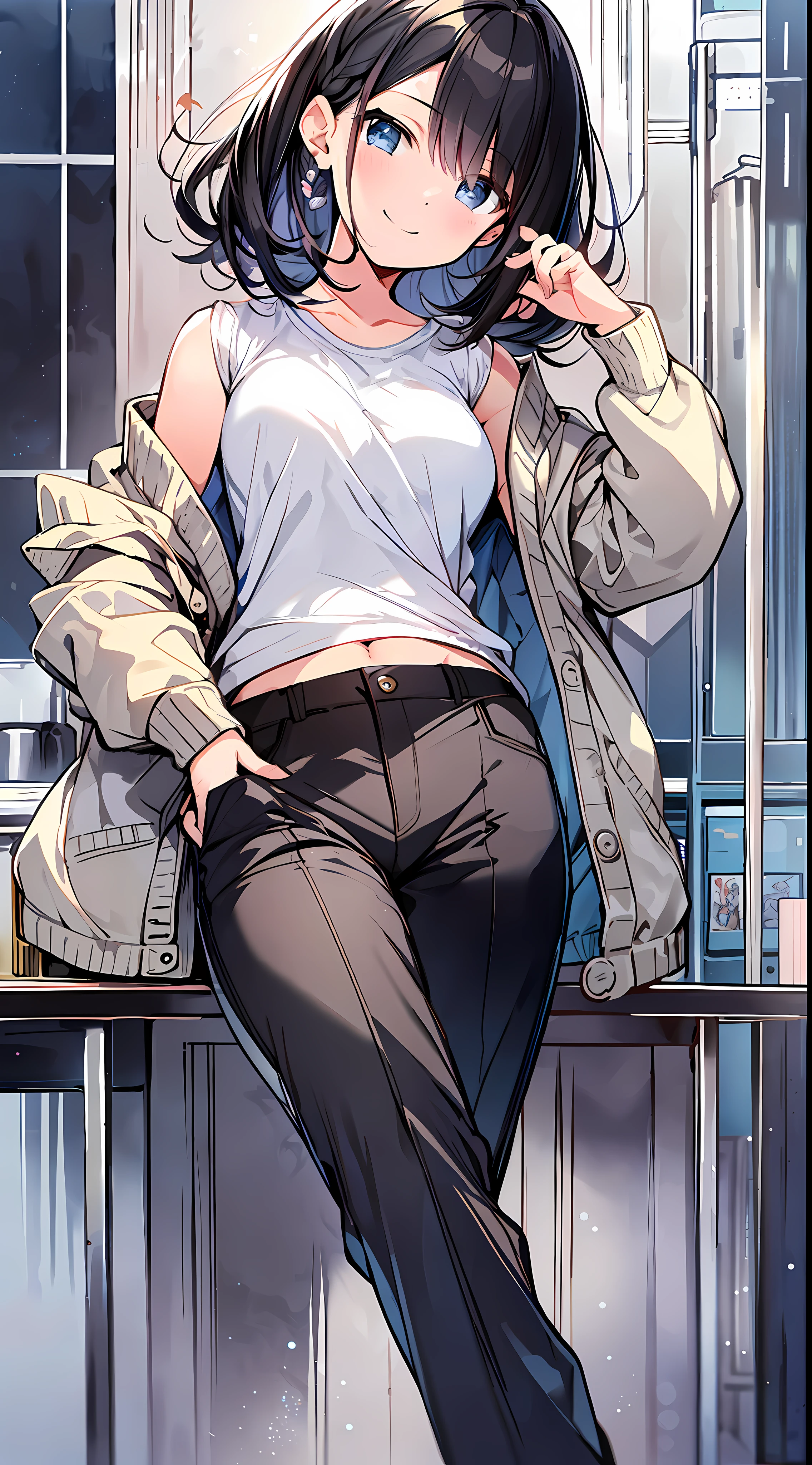 (Absolutely resolution: 1.5), Top Quality, Masterpiece, Ultra High Definition, 8K, (Pants, Light-colored Cardigan, High-Tech Sneakers), Shoujo Manga Style, Loli, Soft Line Art, Digital Enhancement, Shojo Manga Touch, Shōjo Manga Core, (Hair length to shoulder)))), ( Short braids))), soft drawing, beautiful black hair, clear eyes, ((smile, wink)), ultra-detailed digital anime art, clear face depiction, ultra-detailed shojo manga character art, clear facial features, manga style, top quality colors, angle that you can see to your feet, entangle, beautiful and aesthetic: 1.5, high quality:1.3